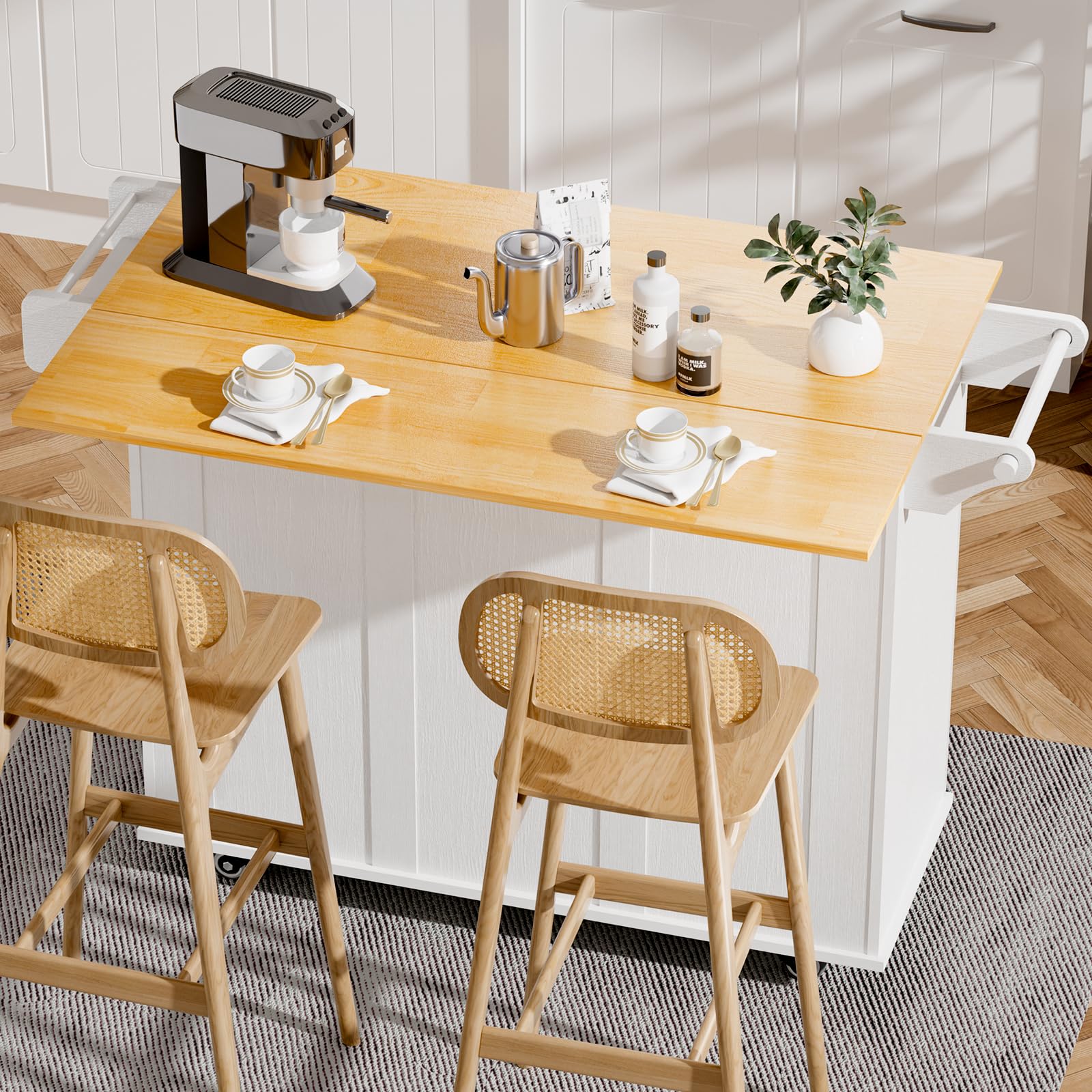 White Rolling Kitchen Island Cart with Drop Leaf, Storage Drawers & Spice Rack - Mobile Kitchen Organizer with Towel Bar for Small Spaces, Dining Room & Apartment Cooking