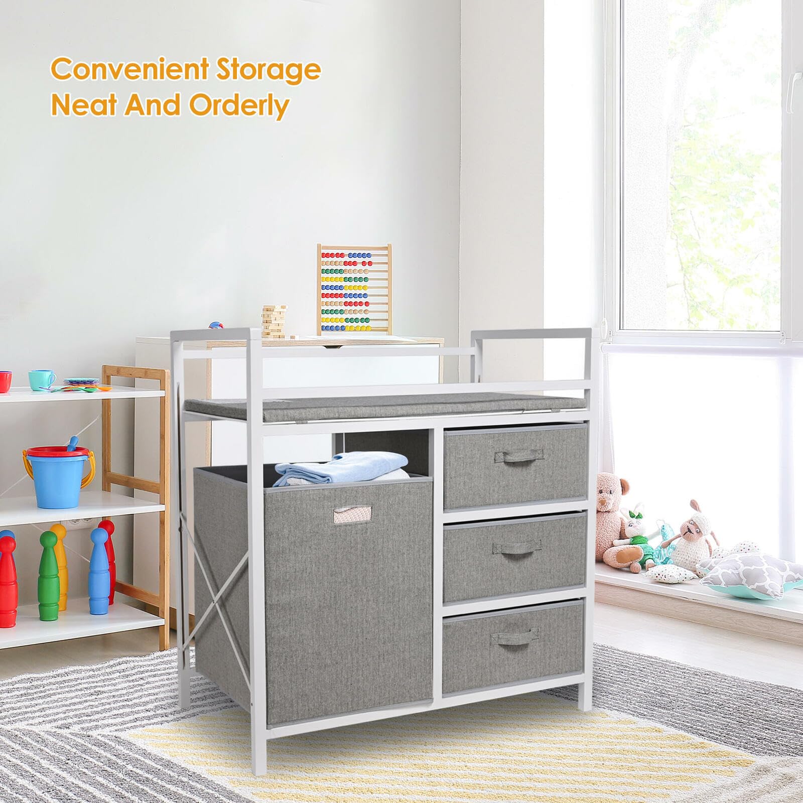 LIVINGbasics Baby Changing Table with Storage Organizer, 3 Drawers & Laundry Hamper - Safe Diaper Changing Station for Nursery, Bedroom & Daycare - Perfect Baby Shower Gift for New Parents