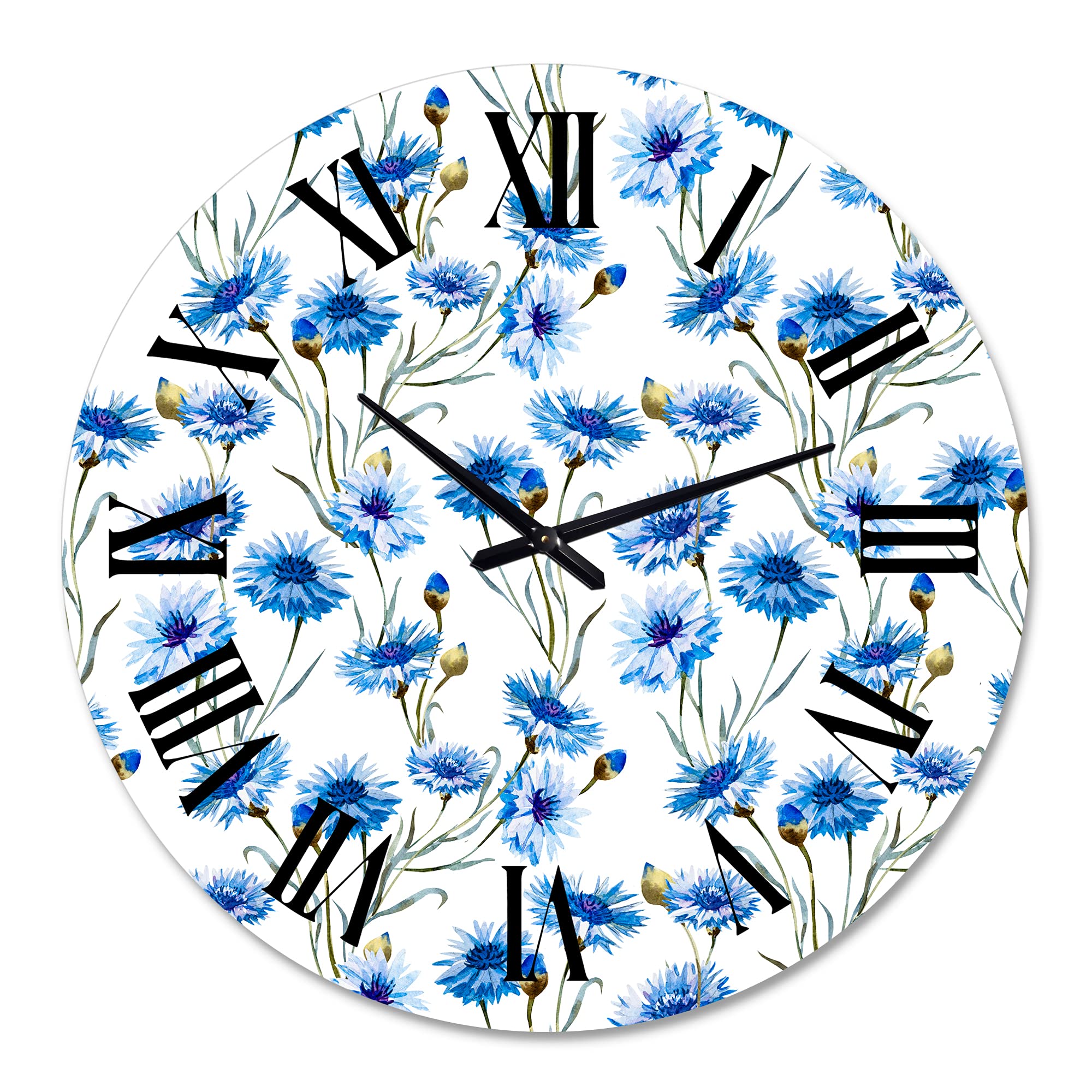 Blue Cornflowers with Green Leaves II - Large Traditional Wall Clock for Home Decor | Floral & Botanical Design | Perfect for Living Room, Bedroom & Office