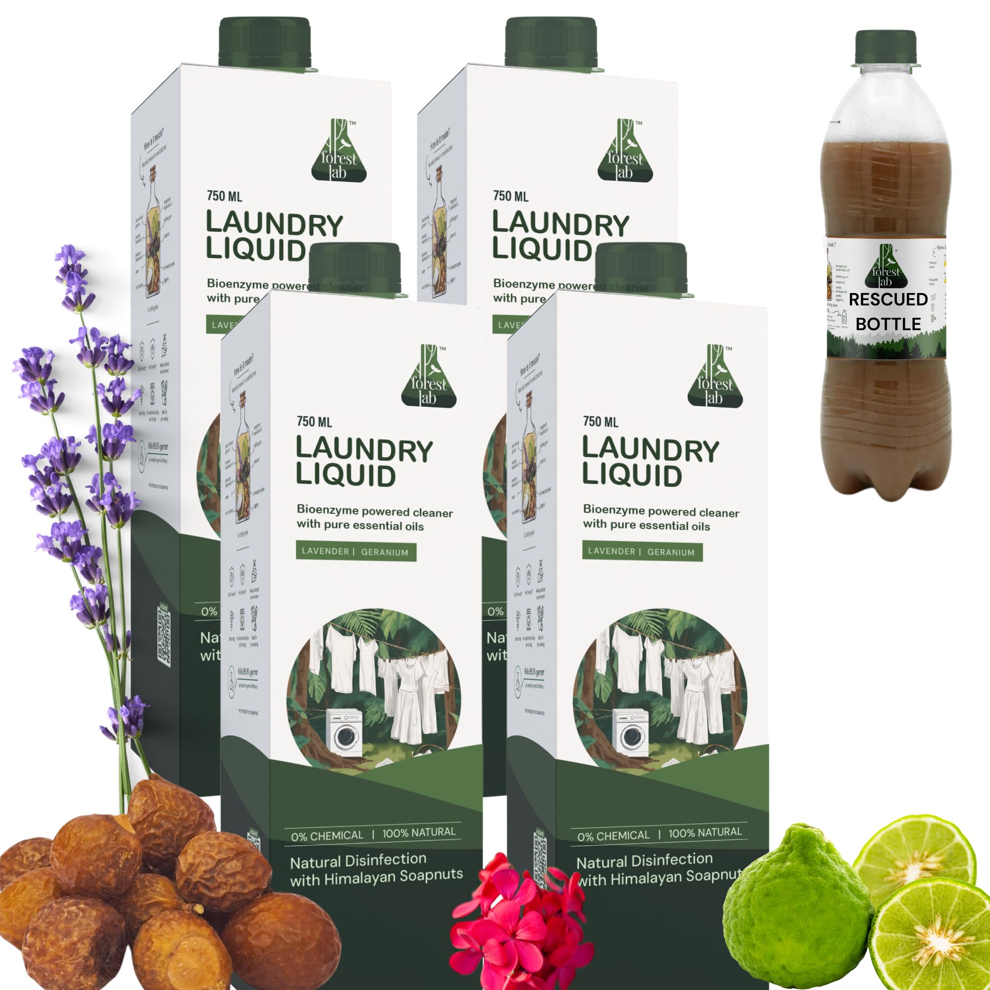 Forest Lab Natural Laundry Detergent Liquid - 3L (750ml x 4 Pack) | Plant-Based Bio-Enzyme Formula with Lavender & Geranium Essential Oils | Safe for Babies & Sensitive Skin | Works in Front/Top Load Washers | Removes Tough Stains | Perfect for Eco-Friendly Families & Hypoallergenic Laundry Care
