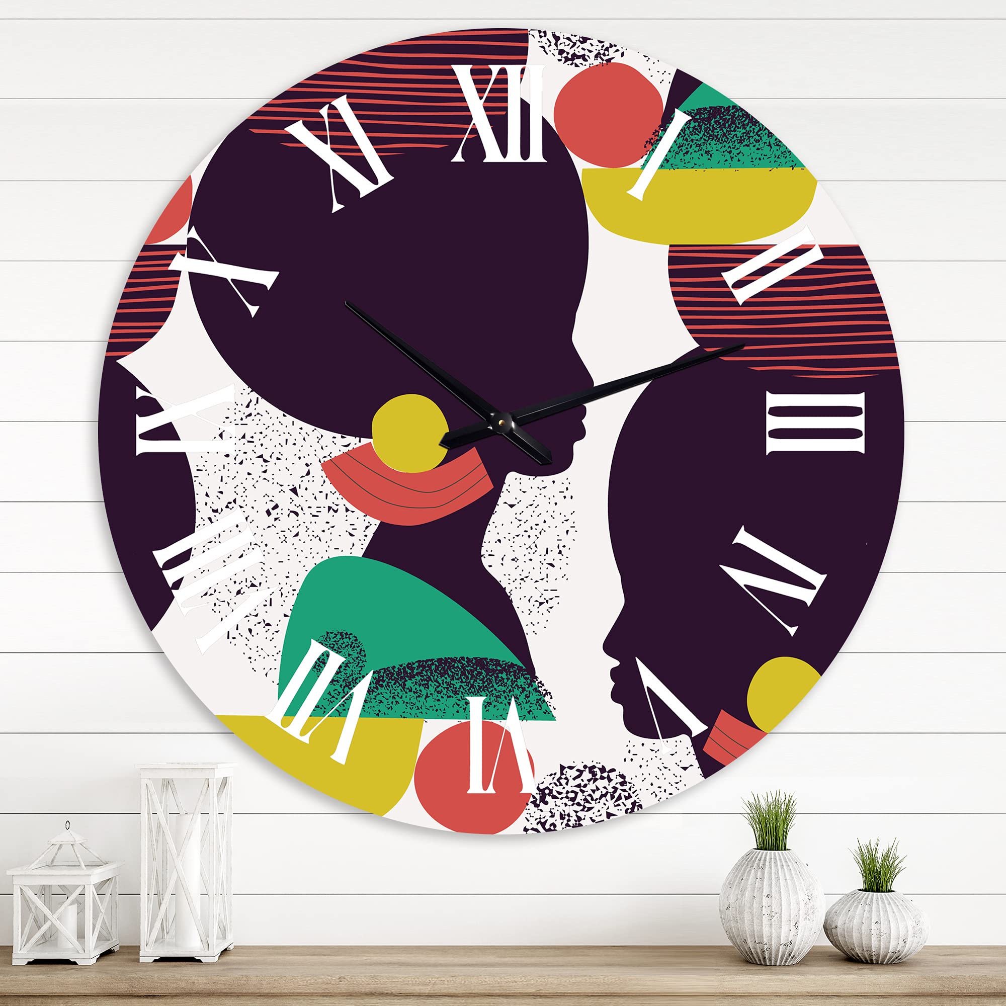 DesignQ Modern Wall Clock - Ethnic Geometric Silhouette of African American III - Large Decorative Wall Clock for Living Room, Bedroom & Office - Unique Home Decor Gift Idea