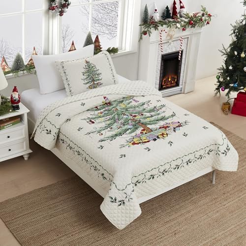 Spode King Comforter Set - 3-Piece Luxury Bedding with Matching Shams, Ivory Christmas Tree Holiday Decor for Cozy Winter Bedrooms & Festive Home Styling