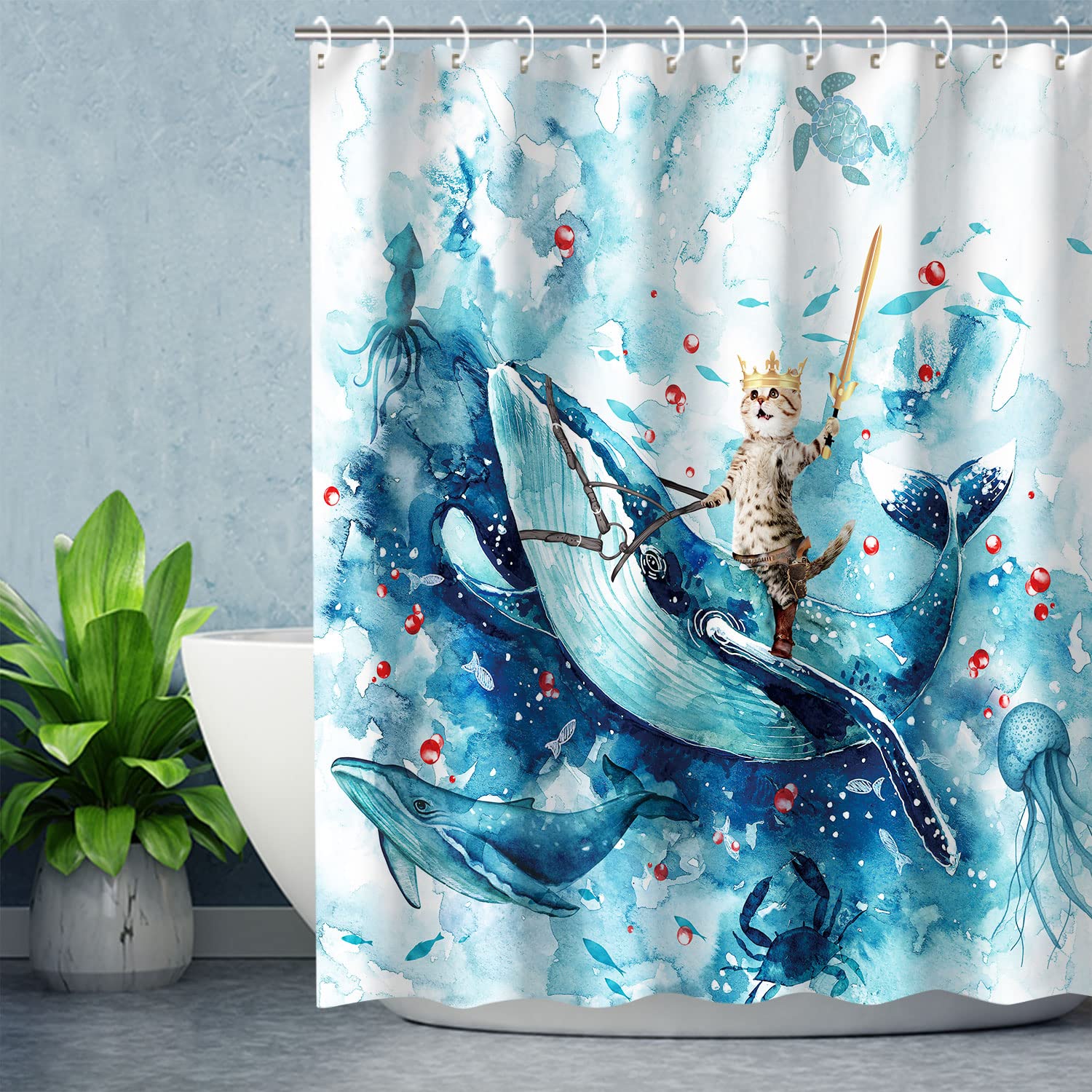 RosieLily Funny Cat Shower Curtain Set - Blue Ocean Themed Bathroom Decor with 12 Hooks (72x72 Inches) - Perfect for Kids' Bathrooms & Coastal Style Home Decor