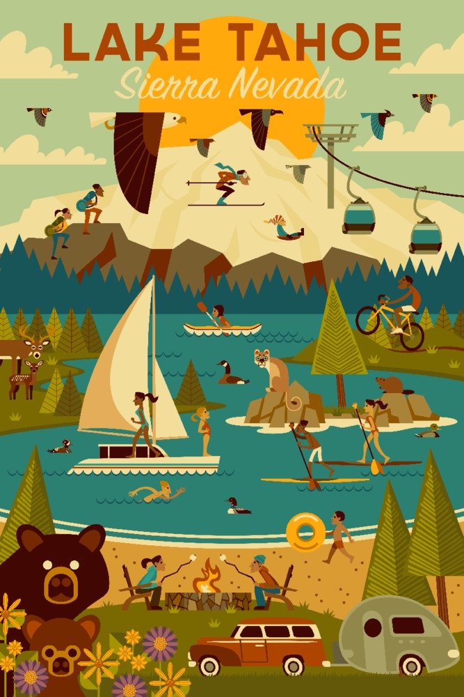 Lake Tahoe California Sierra Nevada Geometric Wall Art Poster - 12x18 Inches Modern Canvas Print for Home, Office & Living Room Decor - Perfect for Bedroom, Dorm & Gift