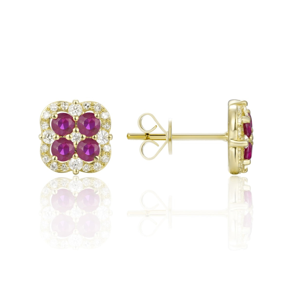 14K Yellow Gold Clover Stud Earrings with Ruby & Diamond - Elegant Jewelry for Women, Perfect for Valentine's Day, Anniversary & Special Occasions