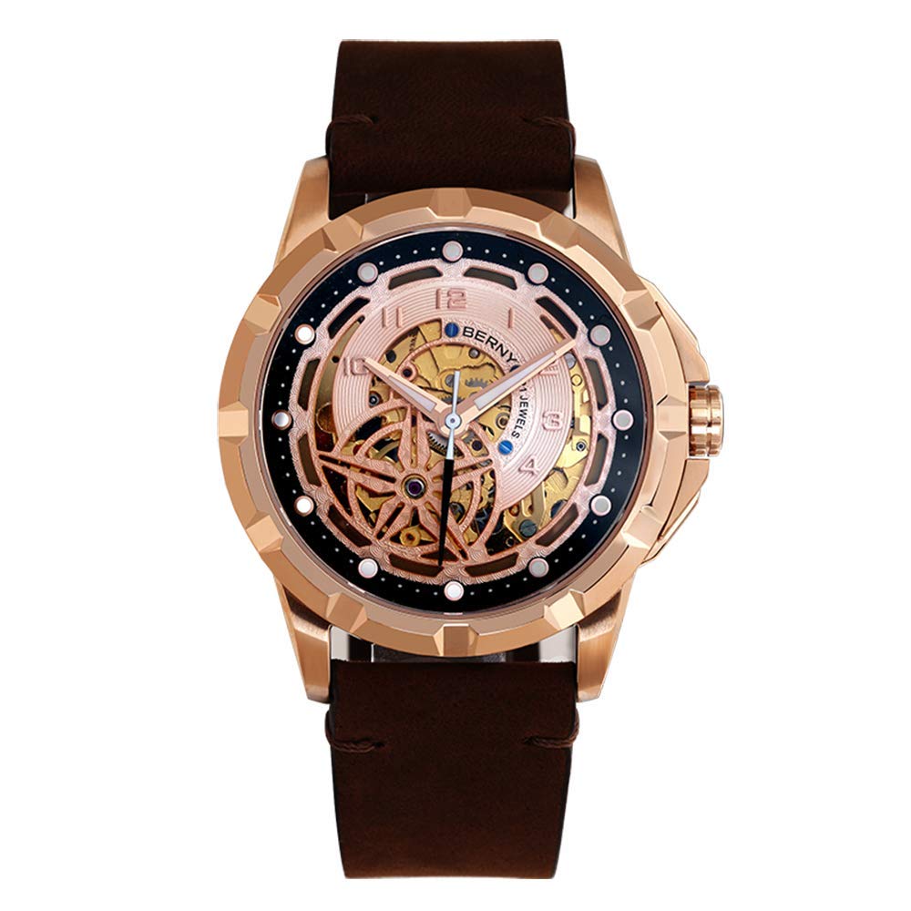 BERNY Men's Luxury Skeleton Automatic Watch - Genuine Leather Strap, Waterproof, Mechanical Movement - Perfect for Business, Formal Events & Everyday Wear