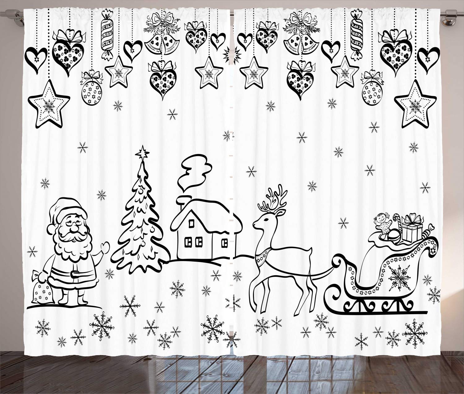 Ambesonne Christmas Curtains - Santa Sleigh & Reindeer Holiday Window Drapes, 2-Panel Set (108x90 Inches) Black & White - Perfect for Living Room & Bedroom Christmas Decorations