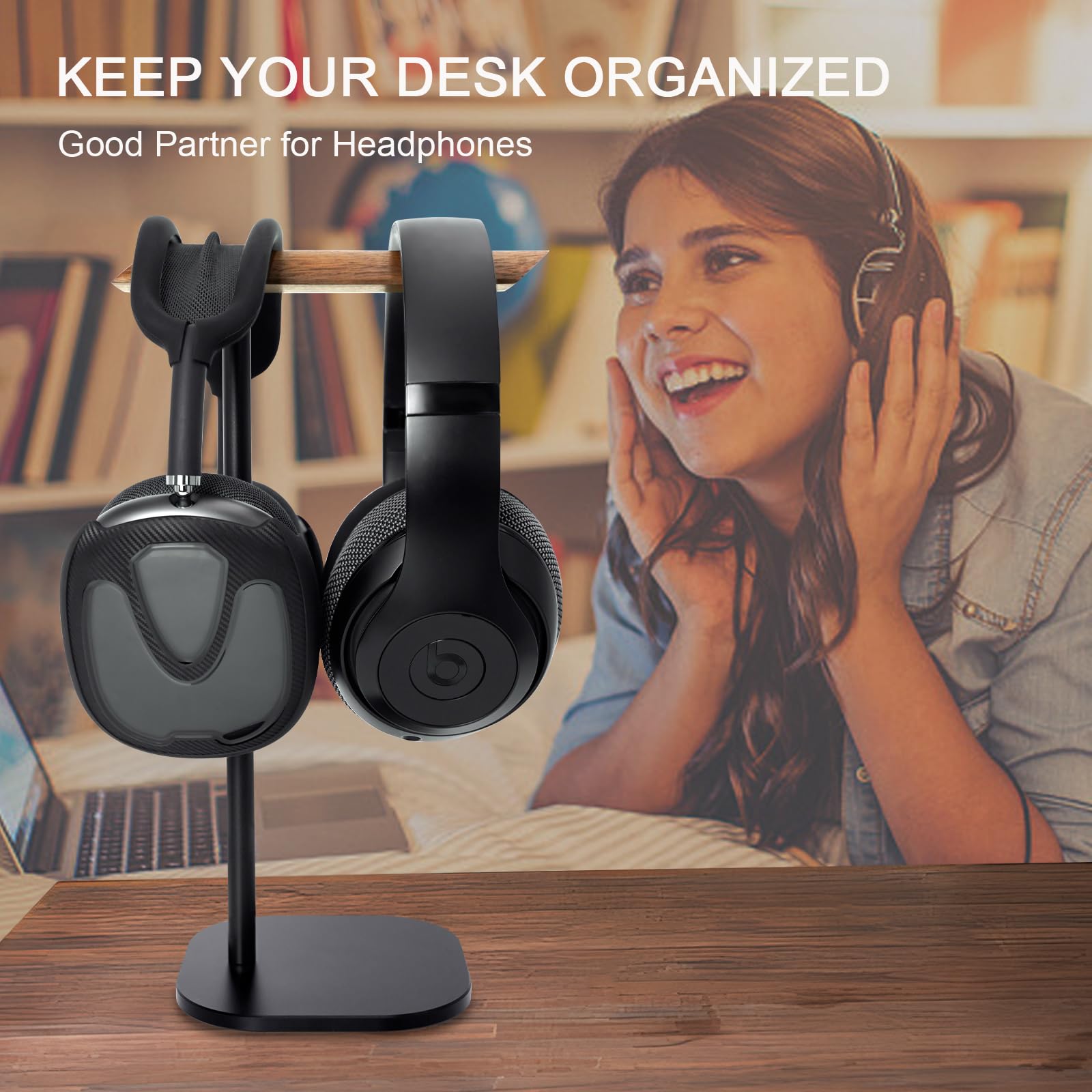 Premium Walnut Wood Headphone Stand with Aluminum Alloy Rod - Dual Headset Holder for Desk, Supports Suspension Hanging - Perfect for Gaming, Office & Home Studio Setup