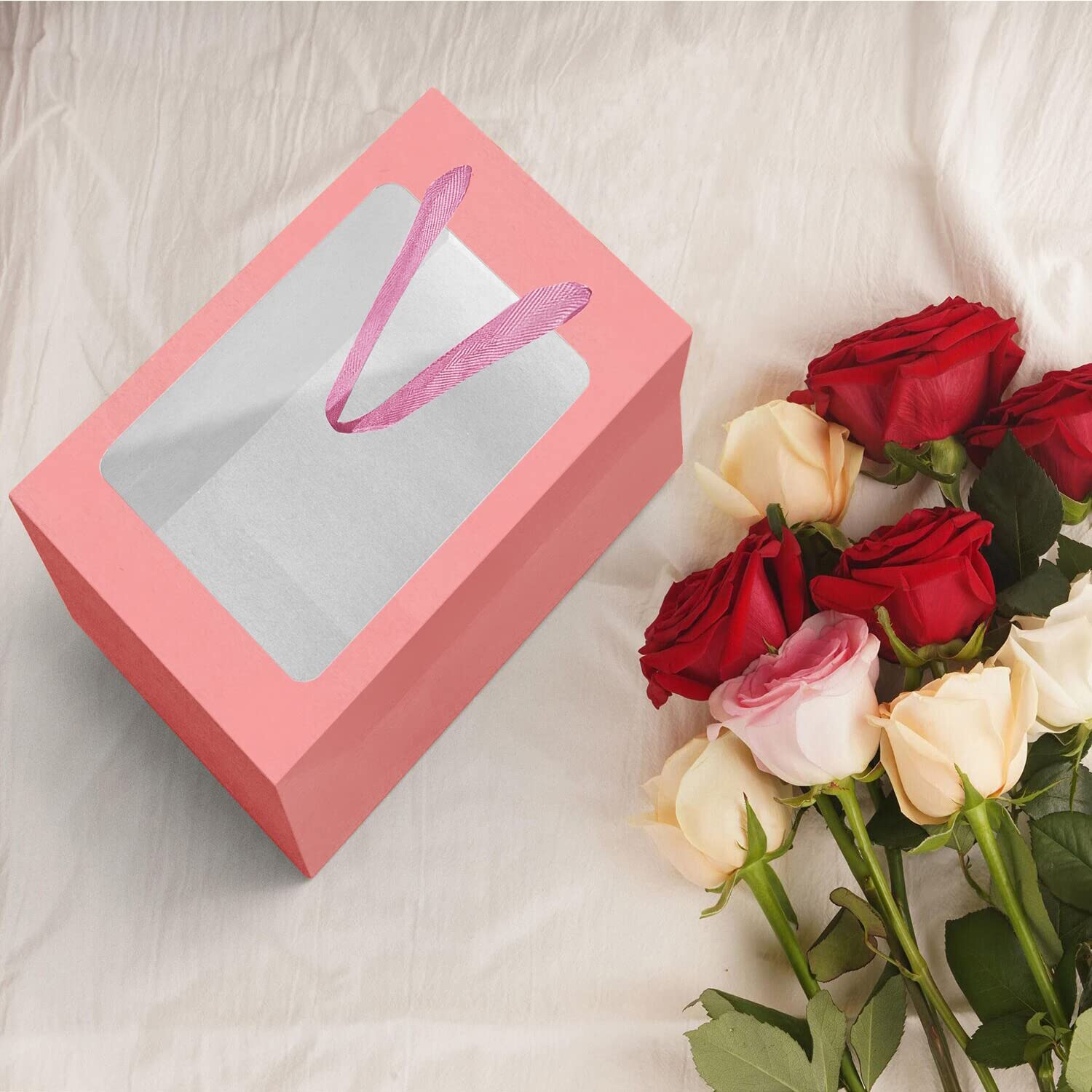 12 Pack Pink Kraft Paper Gift Bags with Clear Window - 9.84