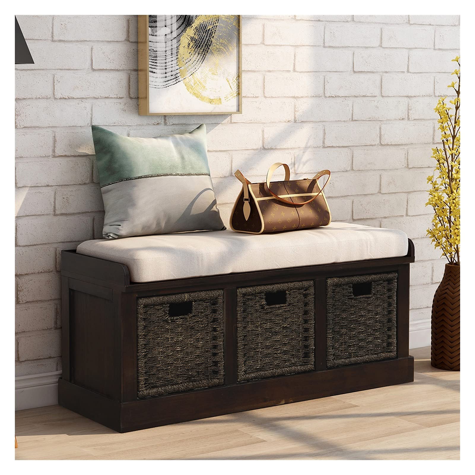 Rustic Entryway Storage Bench with 3 Removable Rattan Baskets & Cushion - Fully Assembled Shoe Bench for Hallway, Living Room & Bedroom Organization (Espresso)