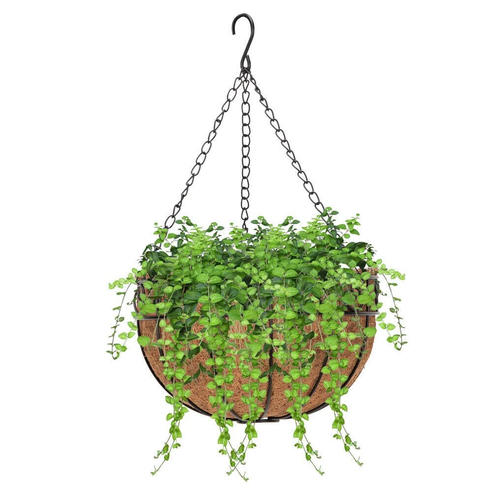 ADHW 4-Piece Hanging Basket Set - Black Metal Frame Coconut Liner Planters for Flowers & Garden Decor | Perfect for Patio, Balcony & Outdoor Spaces