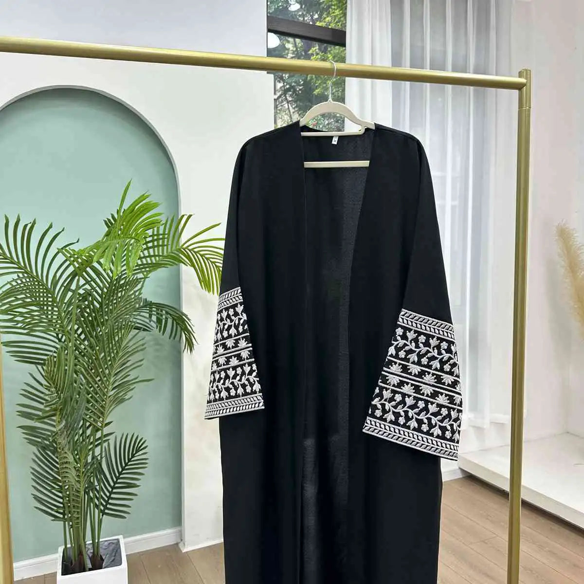 Muslim Women's Linen Blend Embroidery Sleeve Open Abaya Cardigan Dress - Perfect for Prayer, Modest Fashion & Everyday Wear