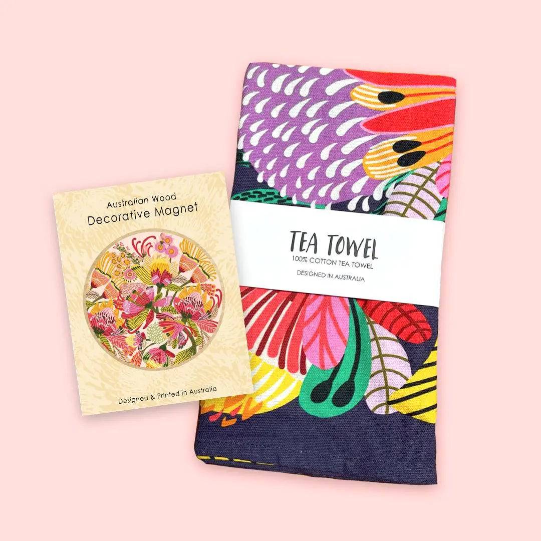 Premium Wild Proteas Gift Set - Floral Tea Towel & Wooden Magnet for Kitchen Decor, Housewarming Gift, or South African Themed Party