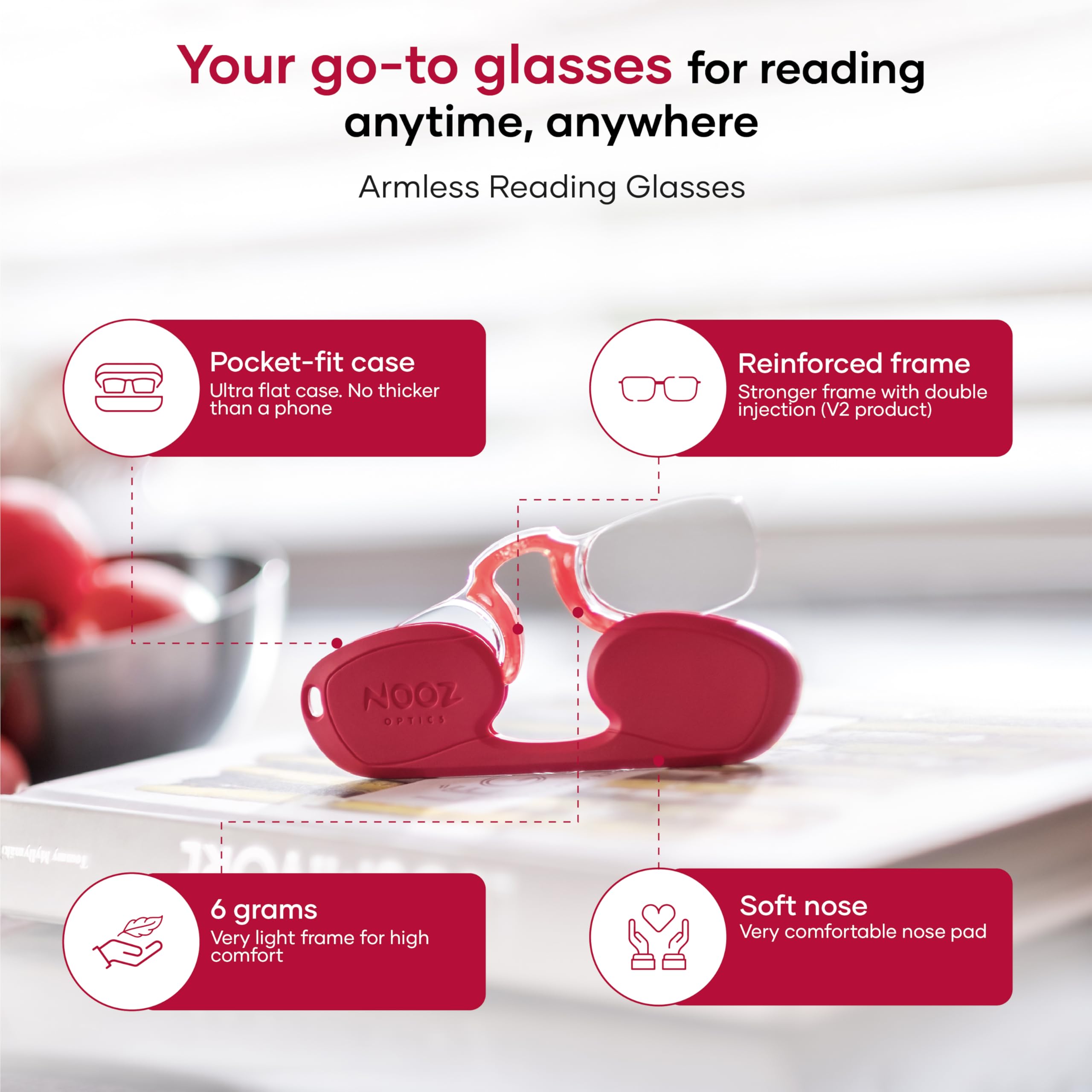 NOOZ Optics Unisex Armless Reading Glasses - Slim Lightweight Reading Glasses for Women & Men with Compact Case | Perfect for Reading, Travel & Everyday Use