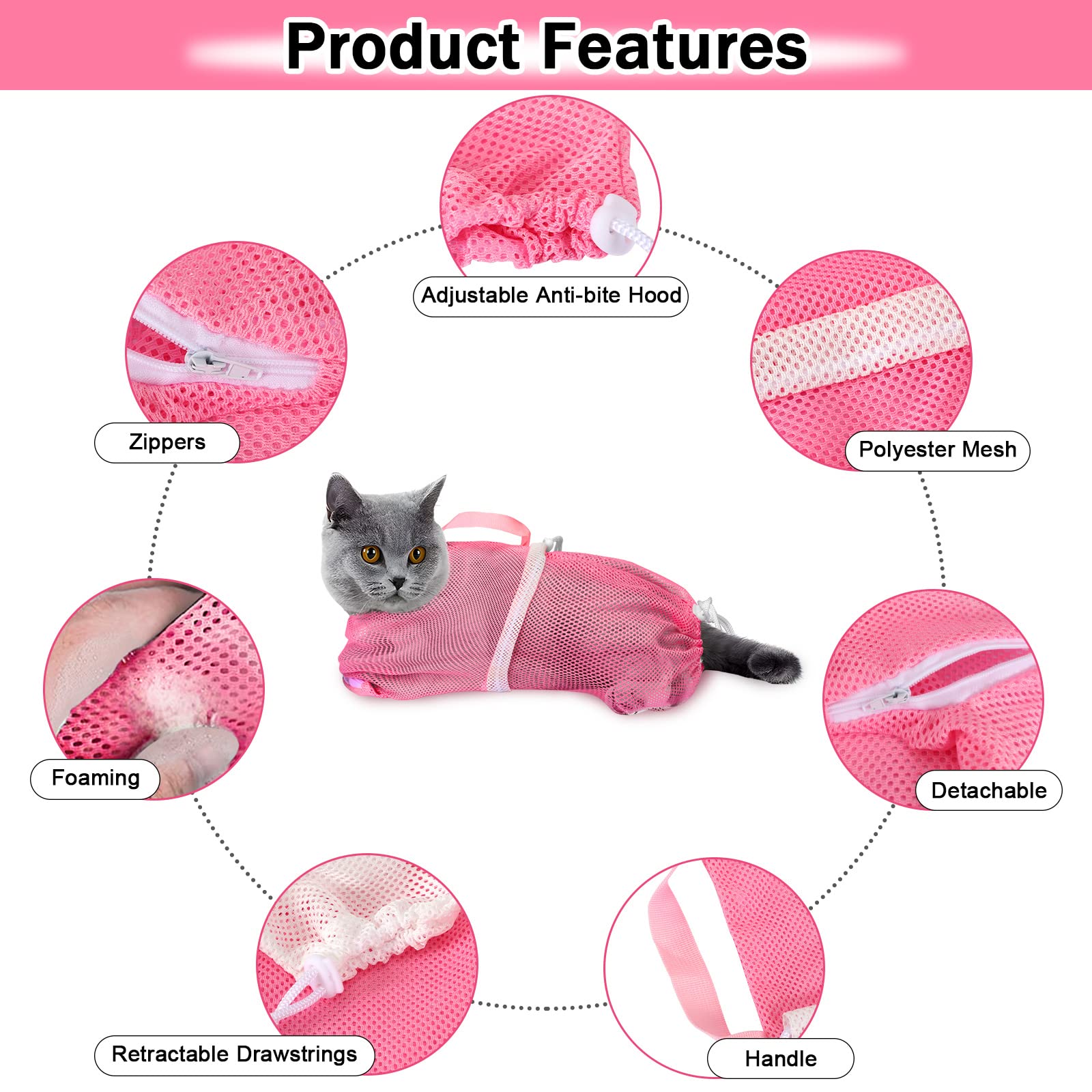 JULMELON 10-Piece Cat Grooming Kit - Adjustable Cat Shower Bag, Pet Brush, Nail Clippers, Nail File, Comb, Tick Remover & Nail Caps for Bathing, Trimming & Vet Exams (Pink & Grey) - Perfect for Home Pet Care & Professional Grooming