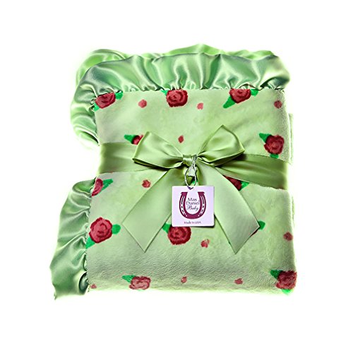Max Daniel Apple Blossom Baby Blanket - Double Sided Plush with Celery Satin Ruffle - Soft Nursery Blanket for Newborns, Infants & Toddlers - Perfect for Swaddling, Stroller & Crib Use