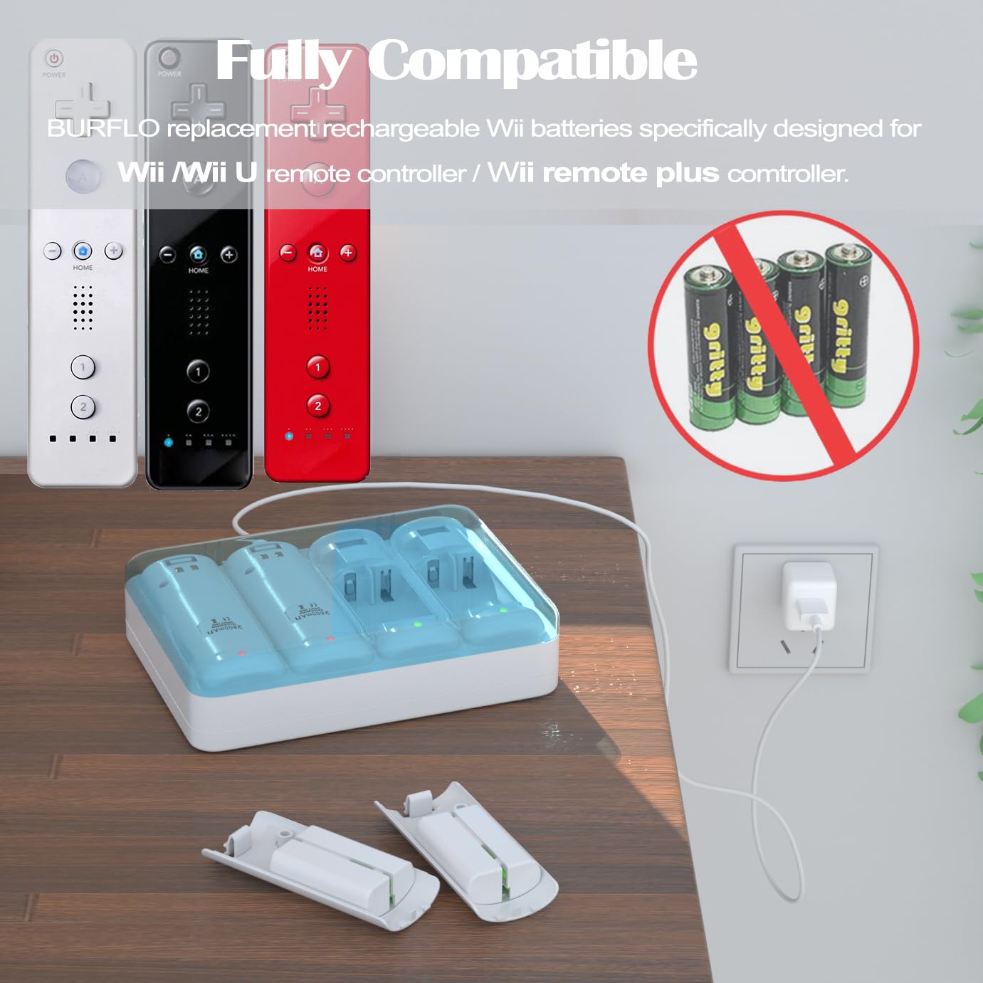 Rechargeable 4-Pack Battery Pack for Wii & Wii U Remote Controller - 2800mAh Replacement Batteries with 4-Port Charging Station | Perfect for Gaming Sessions, Family Game Nights & Long Playtime
