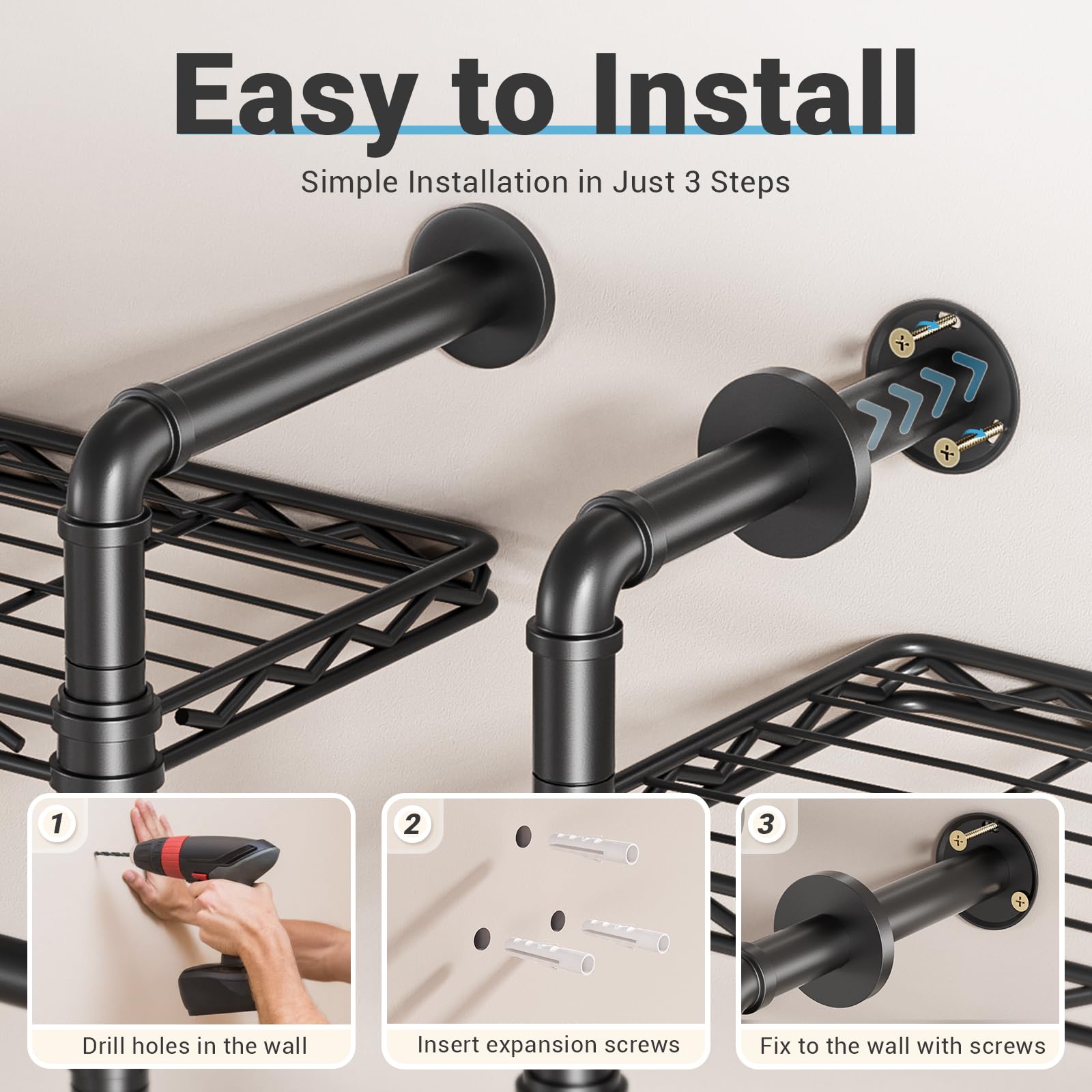 Timate F4 Heavy Duty Wall Mounted Industrial Pipe Clothing Rack - Adjustable Garment Organizer for Hanging Clothes, Expandable Wardrobe Storage Closet Kit in Black | Perfect for Small Spaces, Laundry Rooms & Apartment Closet Organization