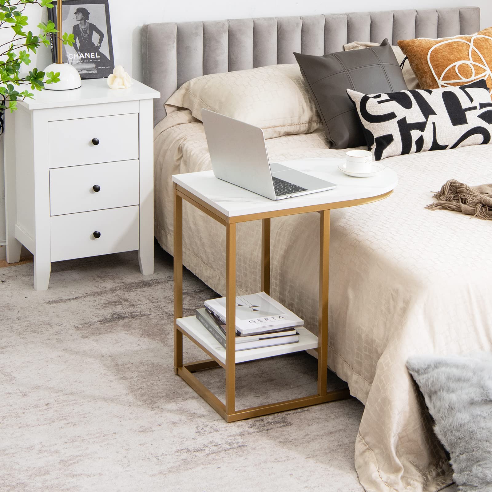 Giantex 2-Piece C-Shape Side Table Set - 2-Tier Faux Marble End Table with Storage Shelf & Sturdy Metal Frame, Sliding Sofa Table for Living Room, Bedroom Nightstand (White & Gold) | Perfect for Small Spaces, Apartment Decor & Coffee Table Alternative