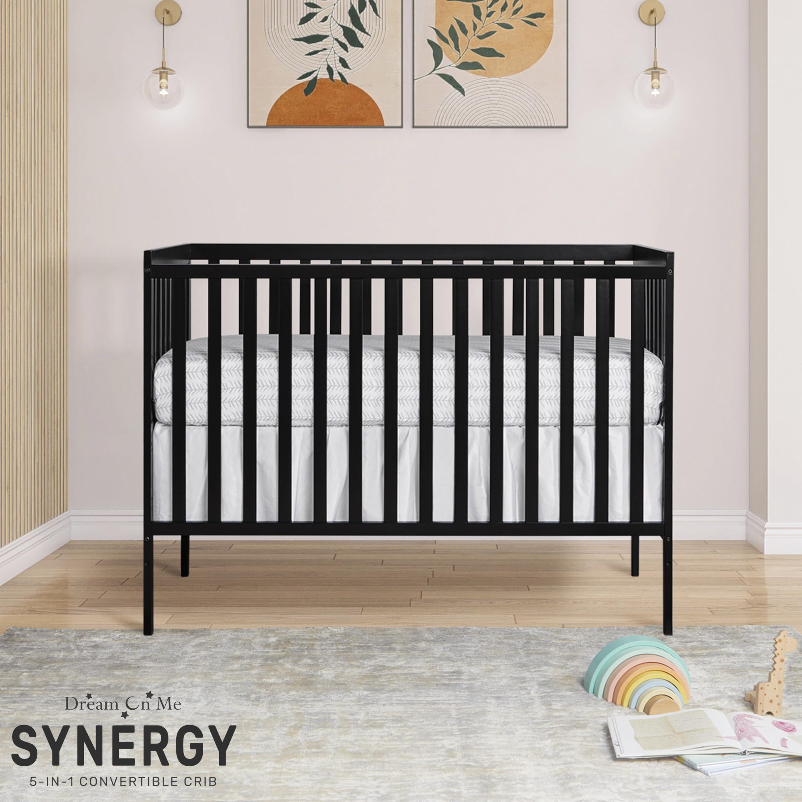 Dream On Me Synergy 5-in-1 Convertible Crib - Black | JPMA & Greenguard Gold Certified | Solid Reclaimed New Zealand Pine Wood | 3 Adjustable Mattress Heights | Nursery & Toddler Bedroom Essential