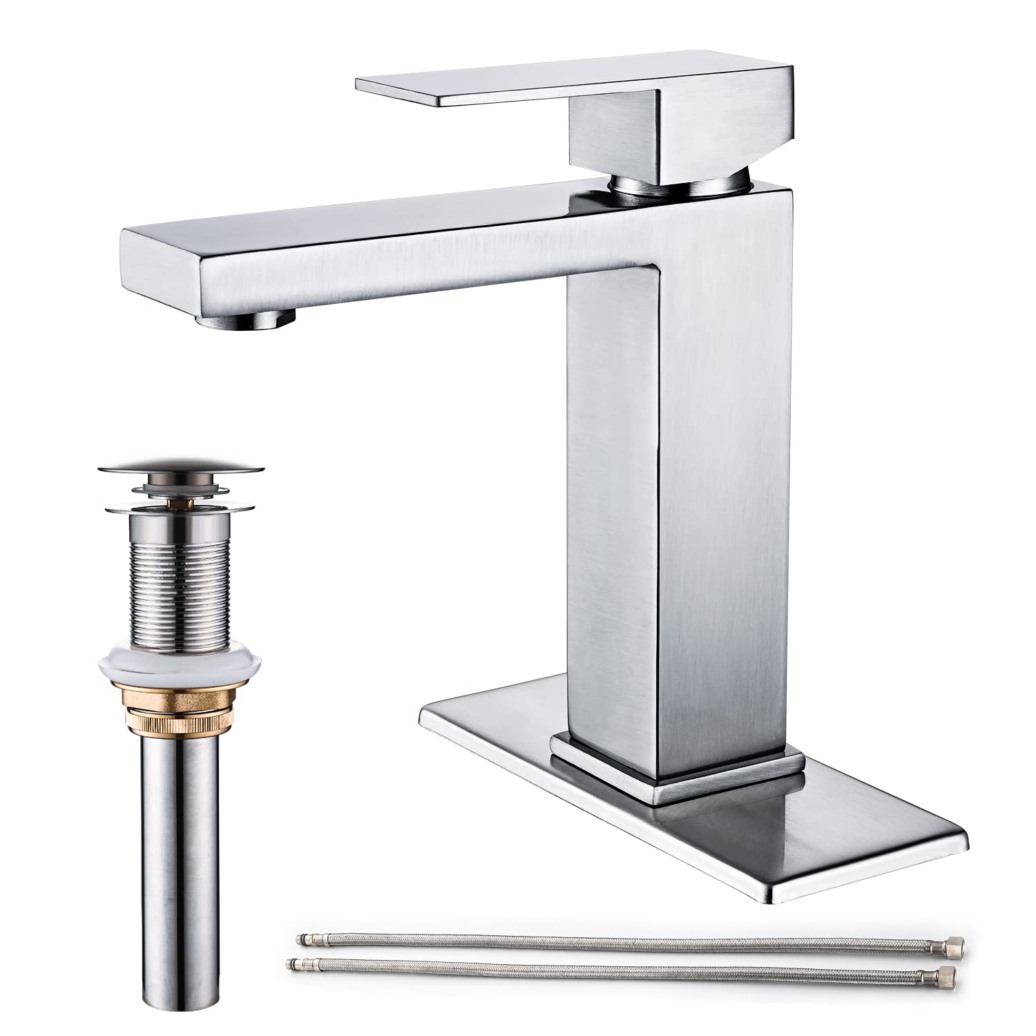 Brushed Nickel Single Hole Bathroom Faucet - Modern Single Handle Stainless Steel Vanity Sink Faucet with Pop-Up Drain Stopper & Water Supply Hoses - Perfect for Bathroom Renovation & Small Space Sinks