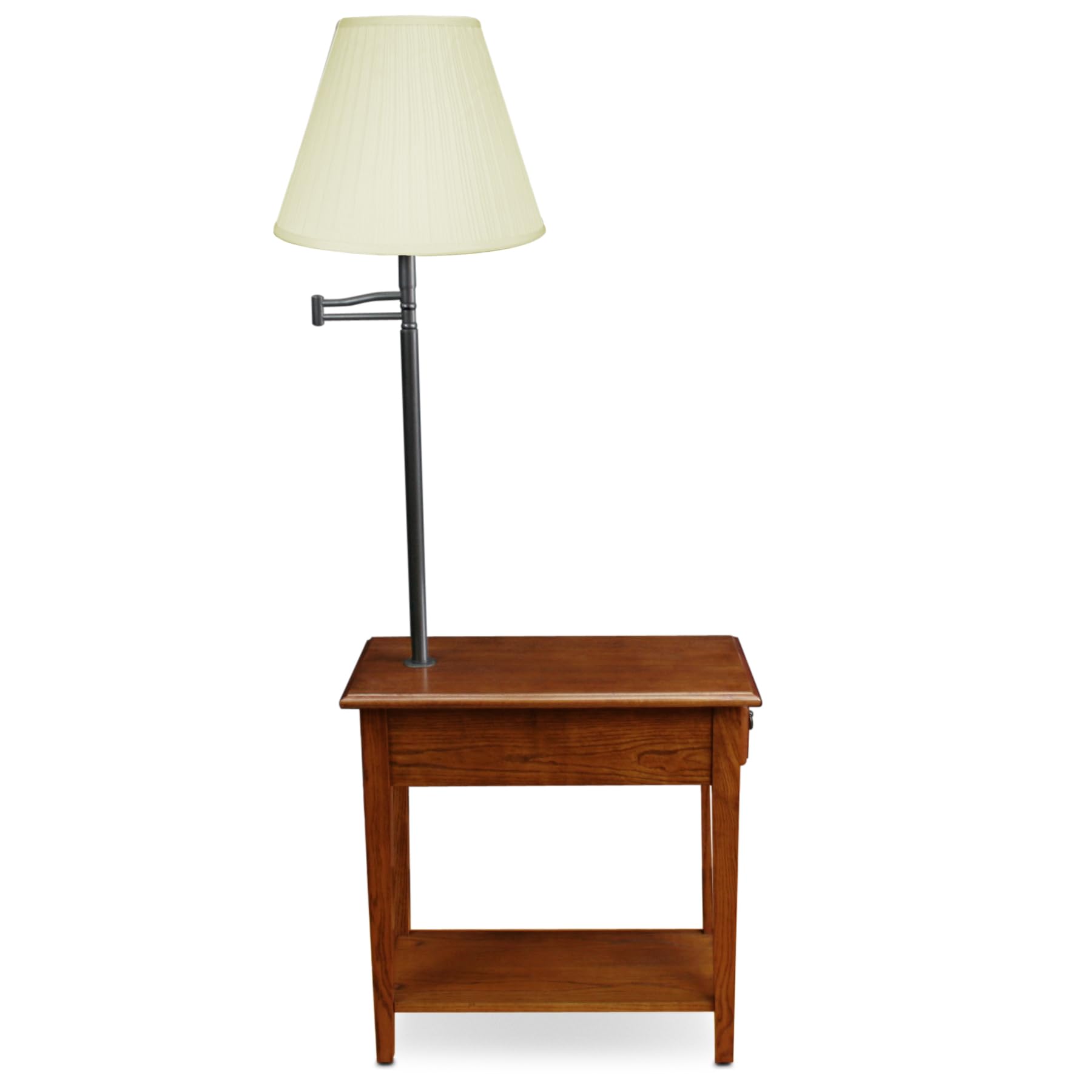 Haven Ridge Solid Wood Side Table with Built-In Swing Arm Lamp and Drawer - Medium Oak Brown Nightstand for Bedroom, Living Room, Entryway - Compact End Table for Small Spaces by Leick Home (Model 9037-MED) - Perfect for Reading Nook, Studio Apartment & Cozy Corners
