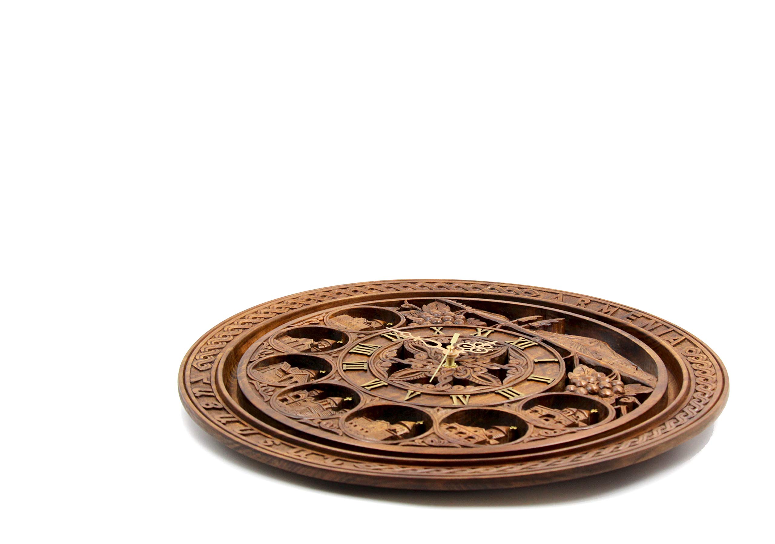Handmade Carved Wooden Clock with Armenian Ornament - Ararat Mountain Wall Decor, Unique Wood Art Gift for Home, Office & Cabin Decorations