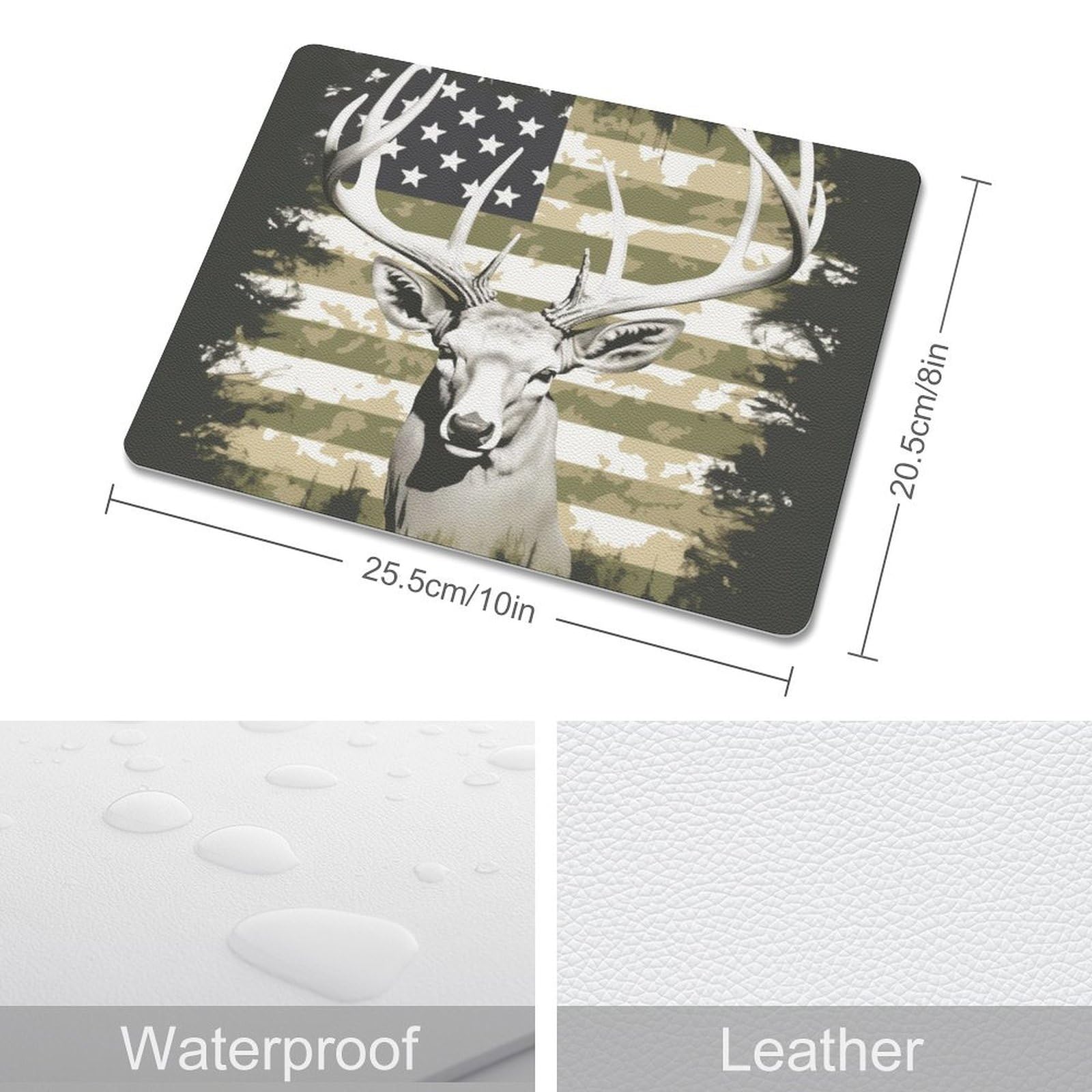 Camouflage Deer Hunting Leather Mouse Pad - Non-Slip Small Black 8x10 Inch Computer Mouse Mat for Gaming & Office Work