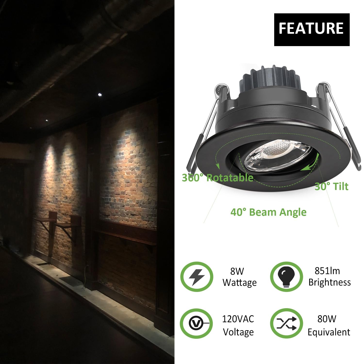5CCT Adjustable 3 Inch Recessed Gimbal Downlight - Rotatable Spotlight, Dimmable Eyeball Ceiling Potlight with Junction Box, 8W LED, Black Round Trim (6 Pack) - Perfect for Living Room, Kitchen, Bedroom & Office Lighting