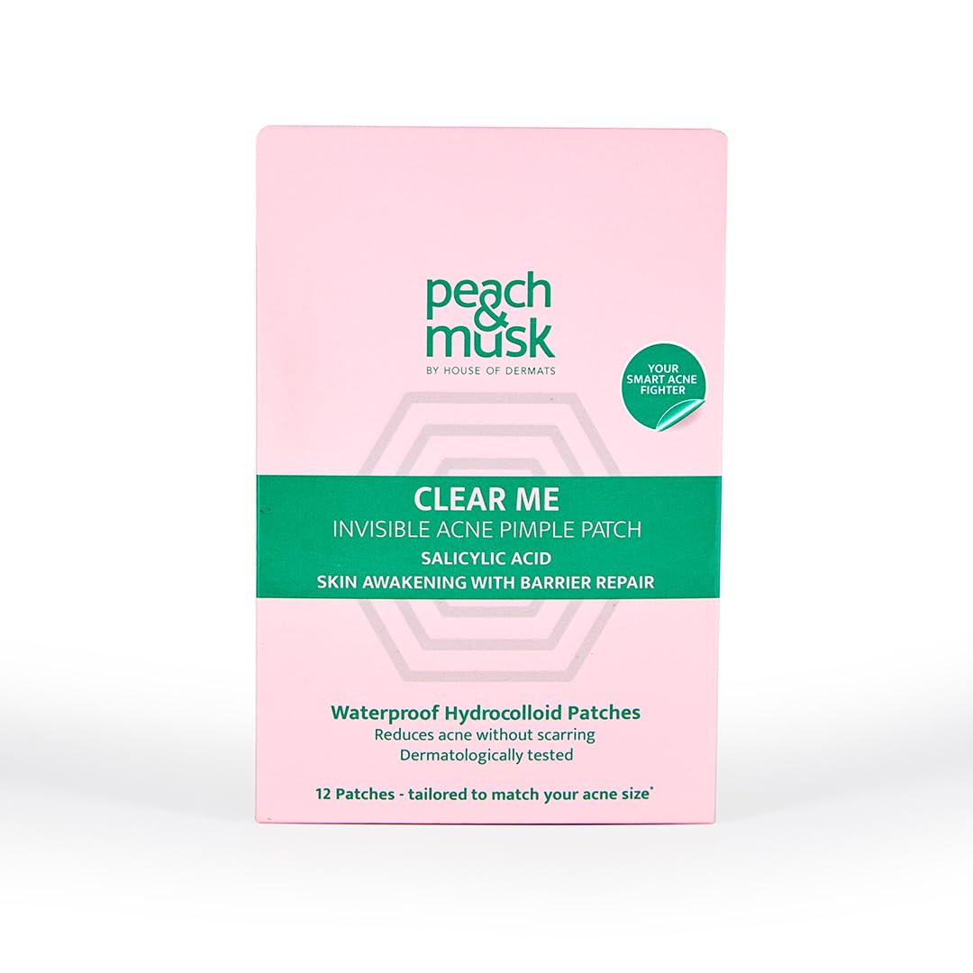 Peach and Musk Clear Me Invisible Acne Pimple Patch - Hydrocolloid Acne Treatment with Salicylic Acid for Active Breakouts | Overnight Pimple Absorbing, Oil Control & Waterproof | Dermatologist Tested (12 Patches) - Perfect for Travel, Work & Daily Skincare Routine