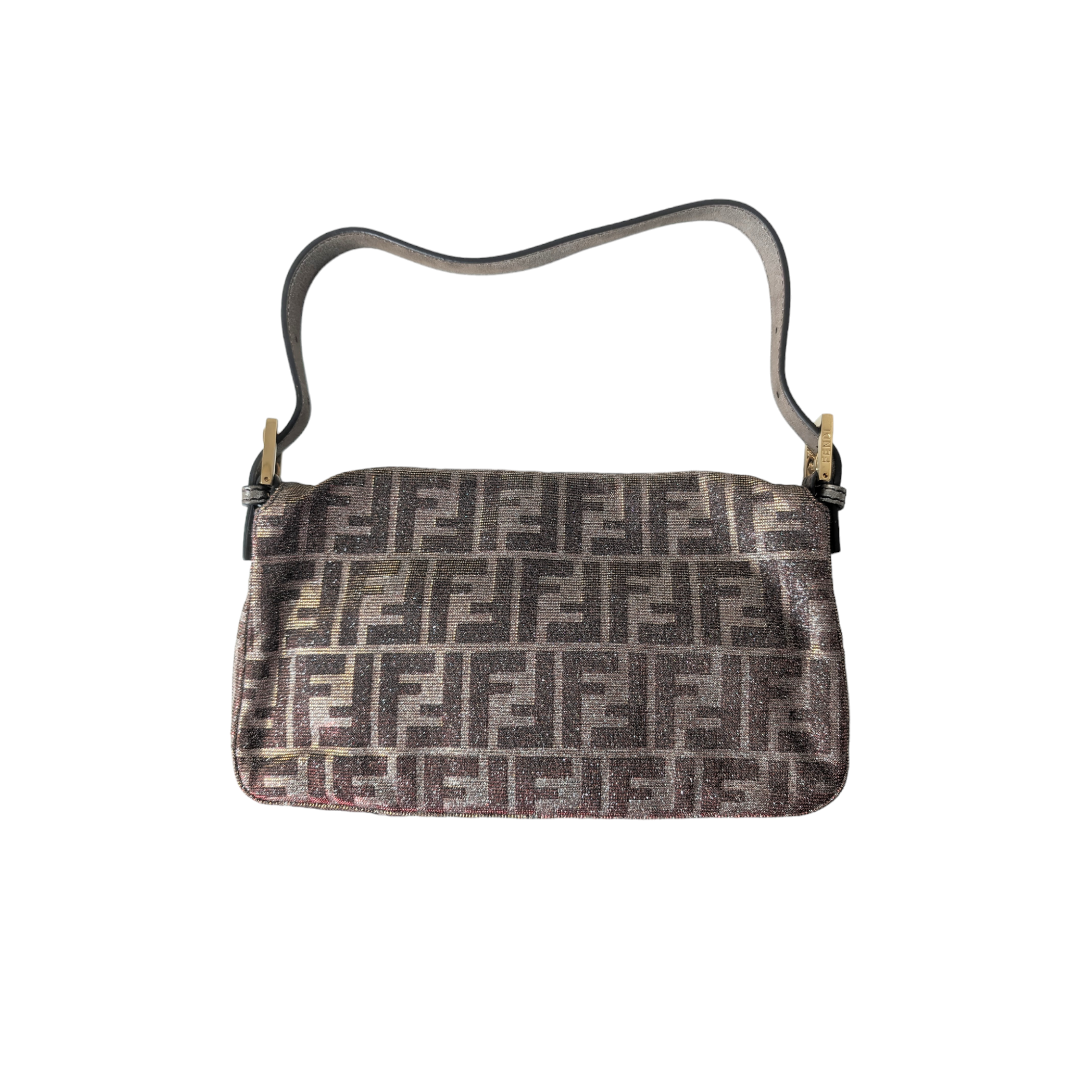 Fendi Silver Shimmering Rhinestone Buckle Baguette Bag - Elegant Evening Clutch for Women's Parties & Special Events