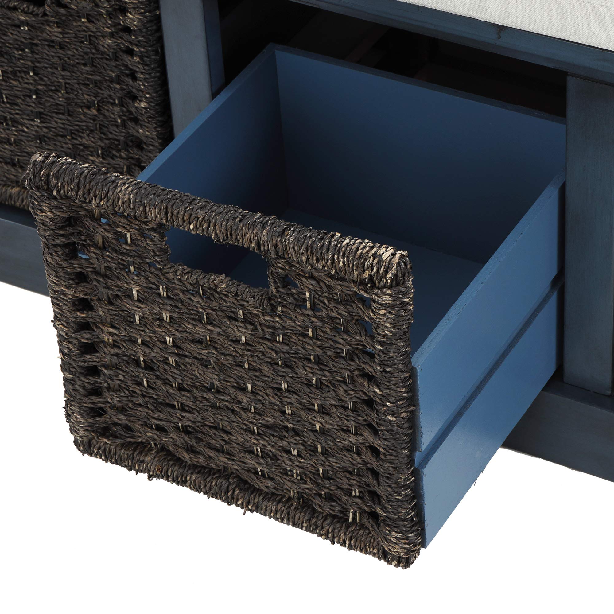 Rustic Entryway Storage Bench with 3 Removable Rattan Baskets & Cushion - No Assembly Required Antique Navy - Perfect for Hallway, Living Room & Bedroom Organization