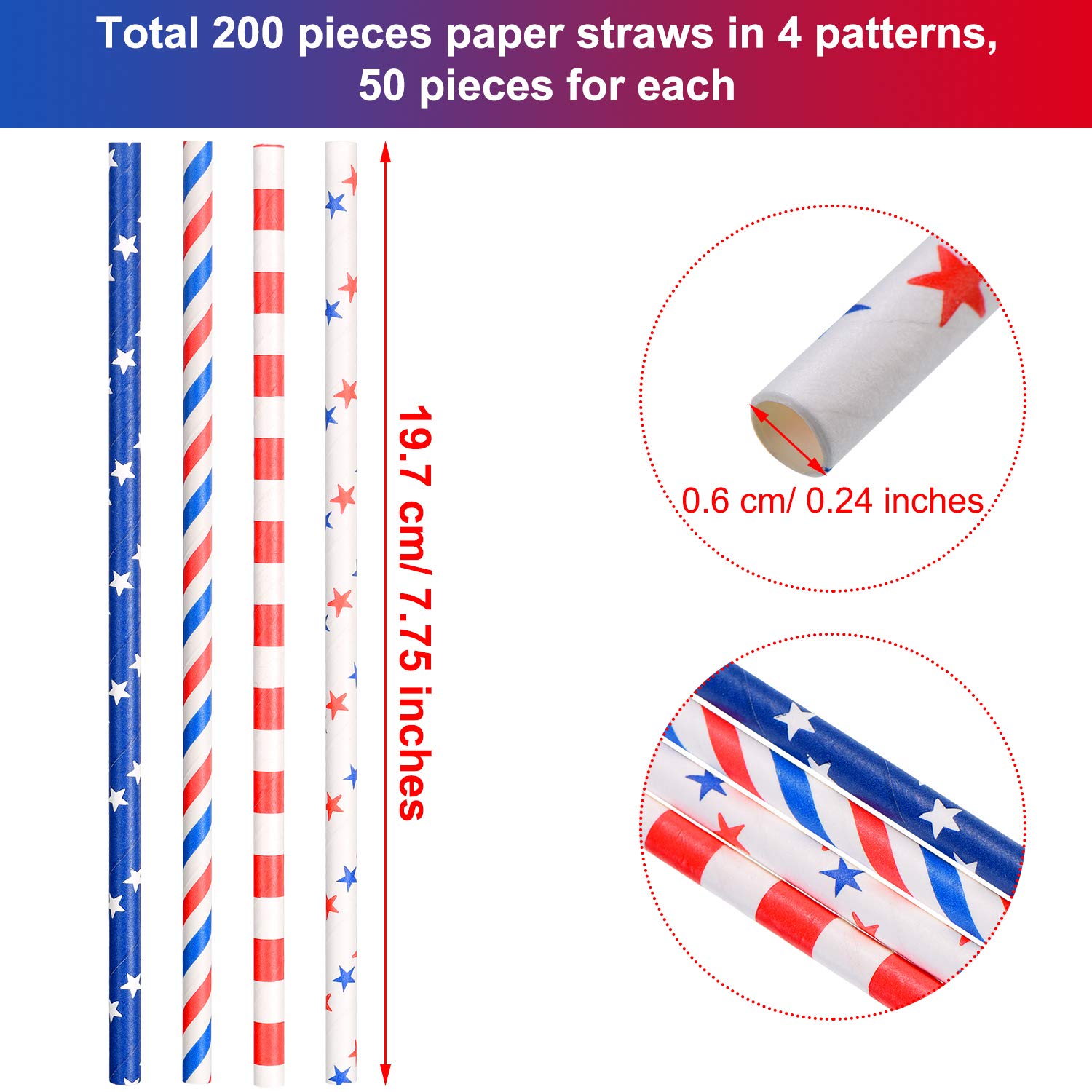 200 Pieces Patriotic American Flag Paper Straws - Red, White & Blue Paper Drinking Straws for July 4th, Memorial Day, Independence Day Celebrations - Perfect for BBQs, Picnics, and Party Decorations