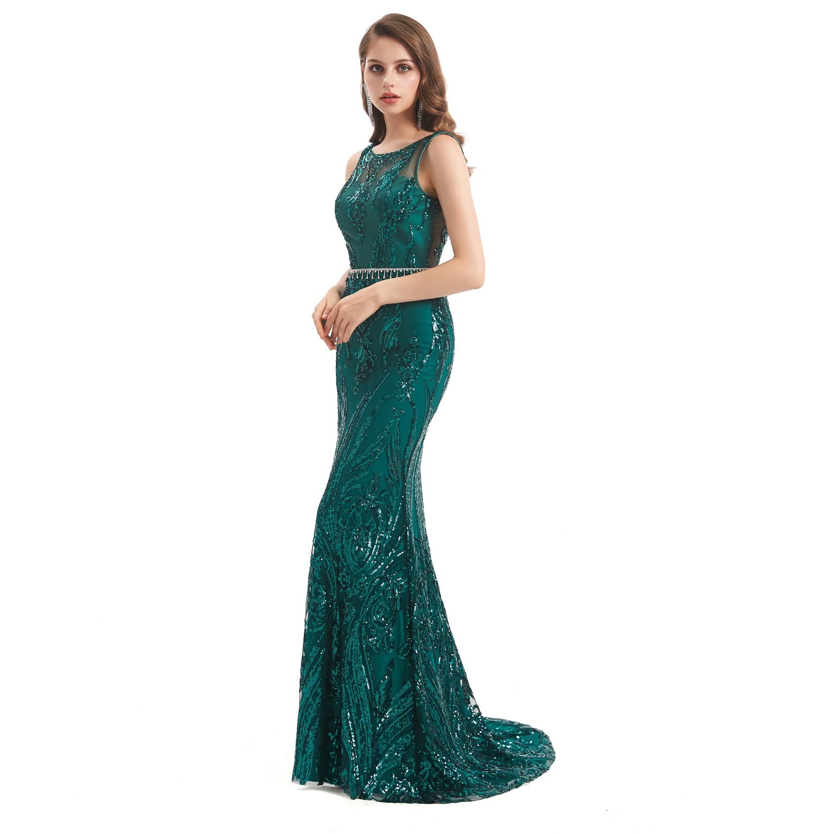 Elegant Green Sequin Mermaid Evening Dress for Women - Formal Party Prom Gown with Round Neckline | Perfect for Prom, Evening Galas, and Special Occasions