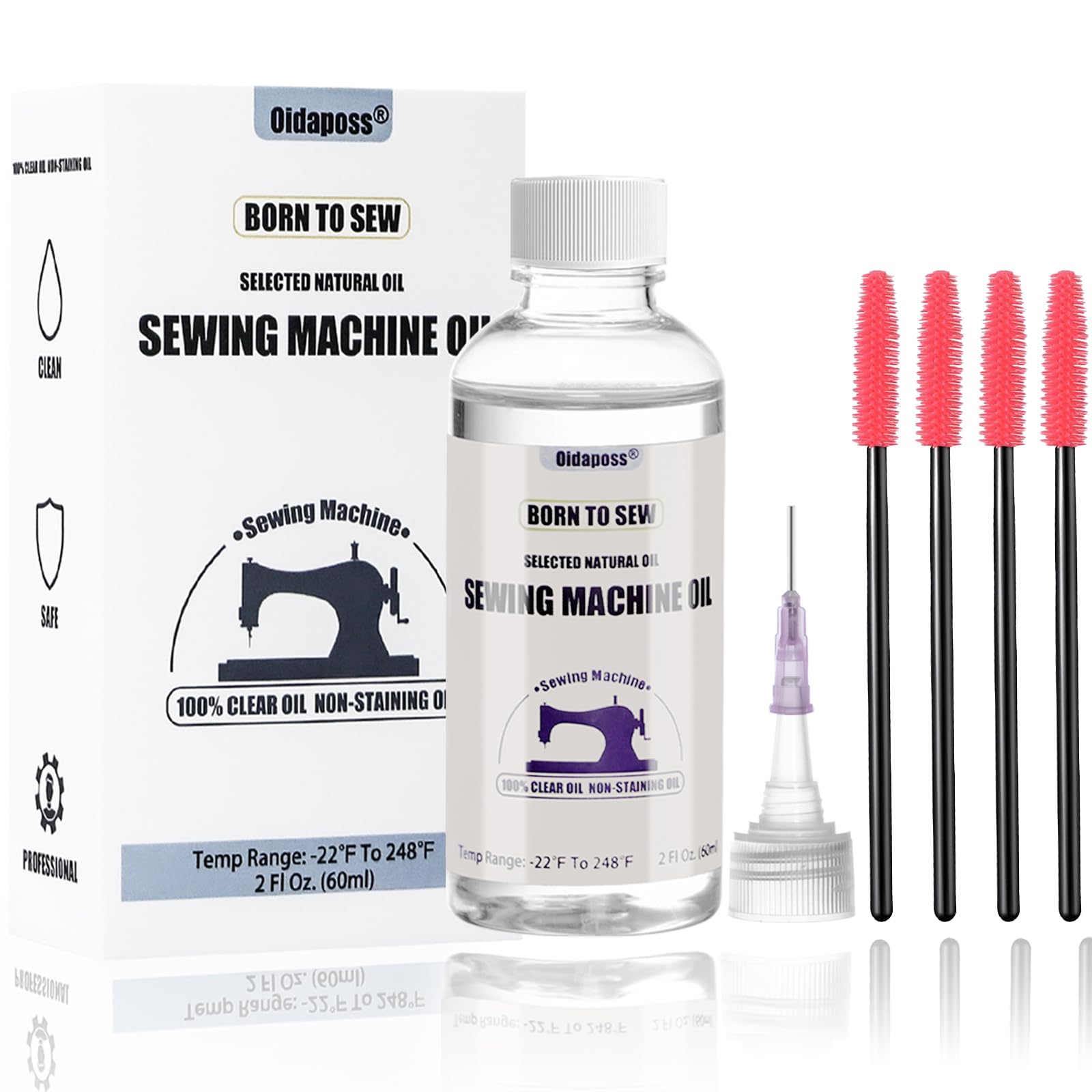 2 Fl.OZ Premium Sewing Machine Oil with Needle Tip & 4-Piece Cleaning Brush Set - Clear Fine Lightweight Lubricant for All Sewing Machine Moving Parts - Ideal for Home Sewing, Quilting, and Garment Repair