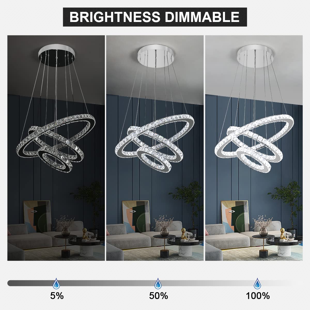 Buccleuch Modern Crystal Chandelier - Dimmable LED Pendant Light with 3-Ring Adjustable Stainless Steel Design | Silver Dining Room Chandelier for Bedroom & Living Room Lighting | ETL Certified for Home & Office Decor