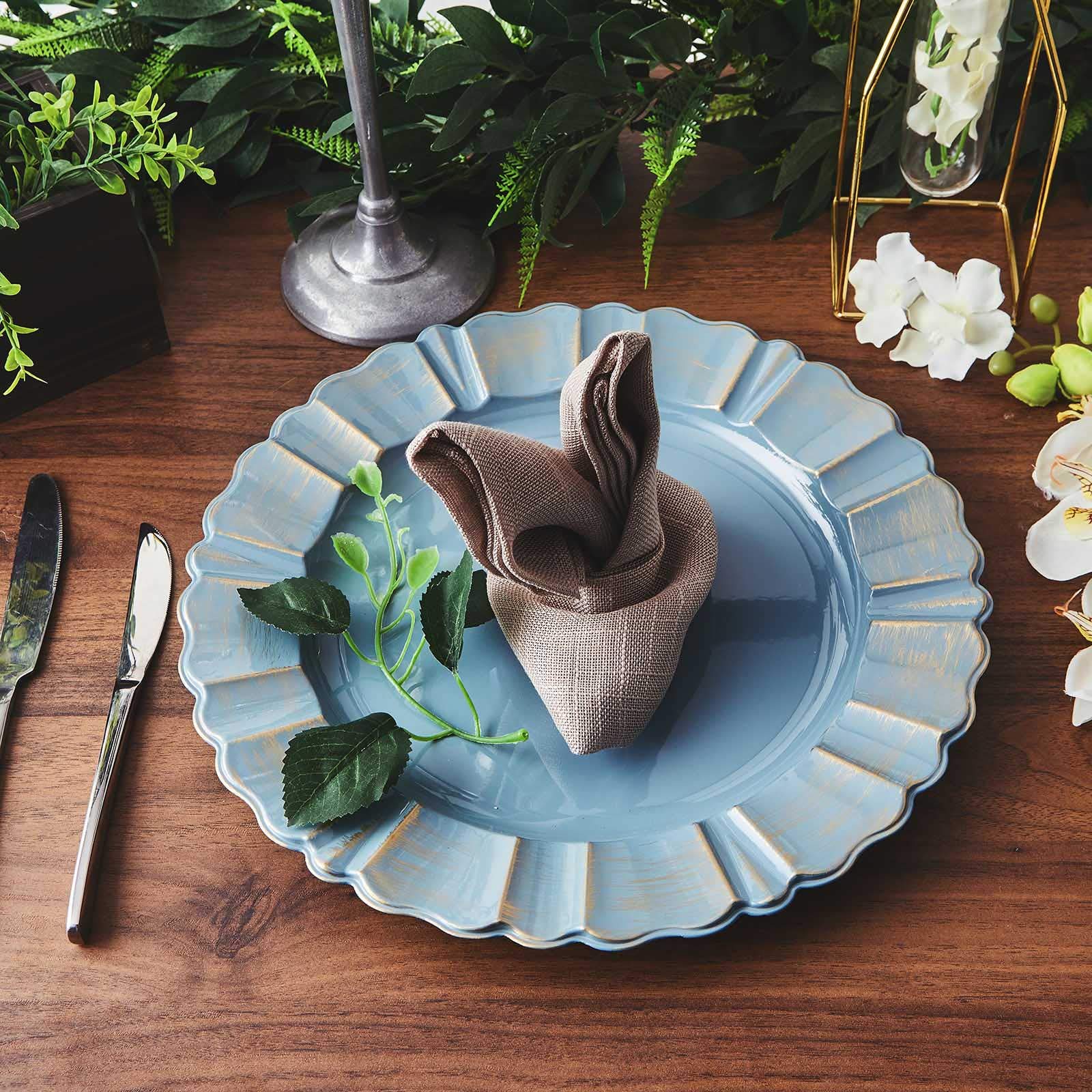 Set of 6 - 13 Inch Round Charger Plates with Wavy Scalloped Edge for Weddings, Parties & Formal Dining - Elegant Dusty Blue Tableware Decor