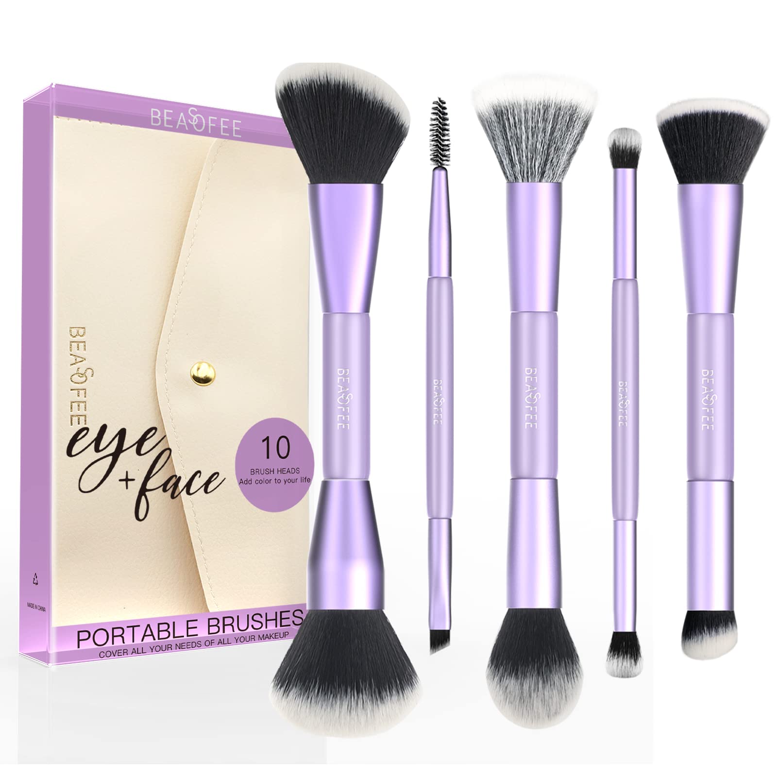 Premium Synthetic Makeup Brush Set - 5 Pcs Foundation, Powder, Concealer & Eyeshadow Brushes with Purple Cosmetic Bag | Perfect for Professional Makeup Artists & Beginners | Home, Travel & Salon Use