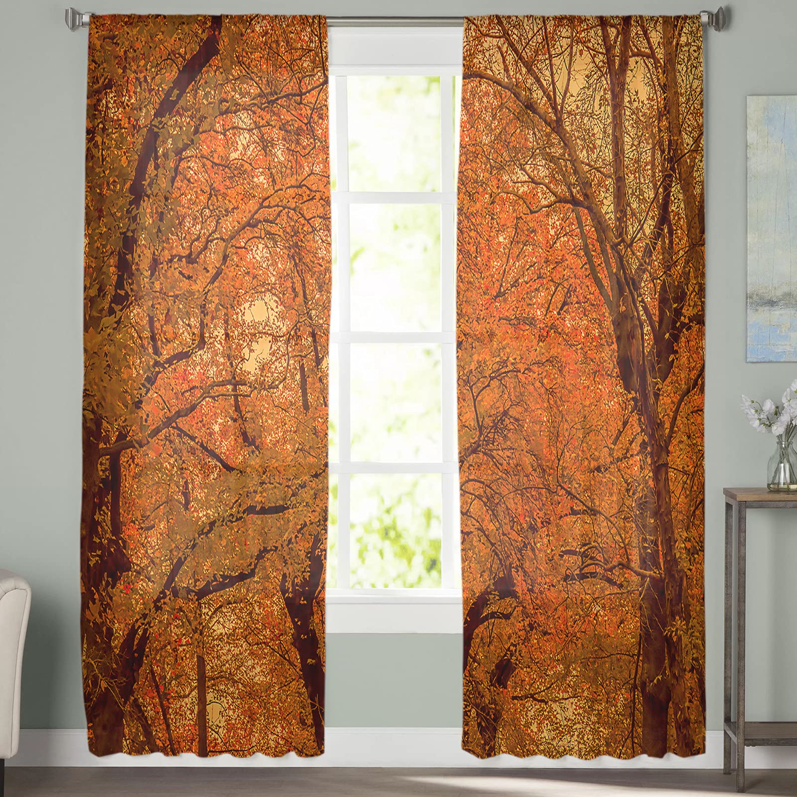 Elegant Semi-Sheer Voile Window Curtains with Autumn Leaves & Tree Design - Fall Forest Theme Drapes for Living Room, Bedroom & Office Decor | Light Filtering Window Treatment Panels