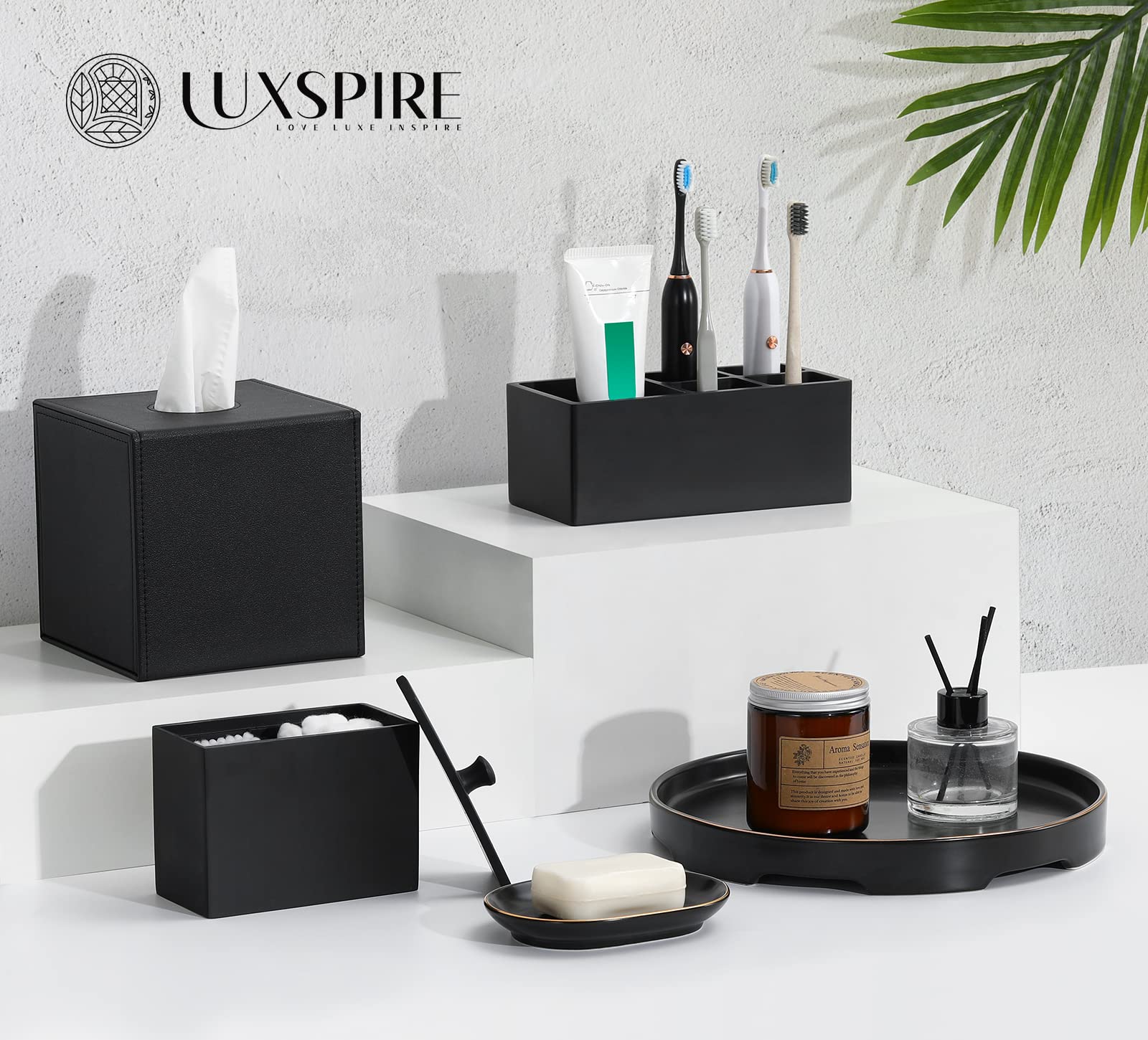 Luxspire 5-Slot Toothbrush Holder with Razor Storage & Toothpaste Stand - Resin Bathroom Organizer for Vanity Counter, Sink, and Dental Accessories - Black | Perfect for Small Bathrooms, Apartment Decor, and Travel Essentials Organization