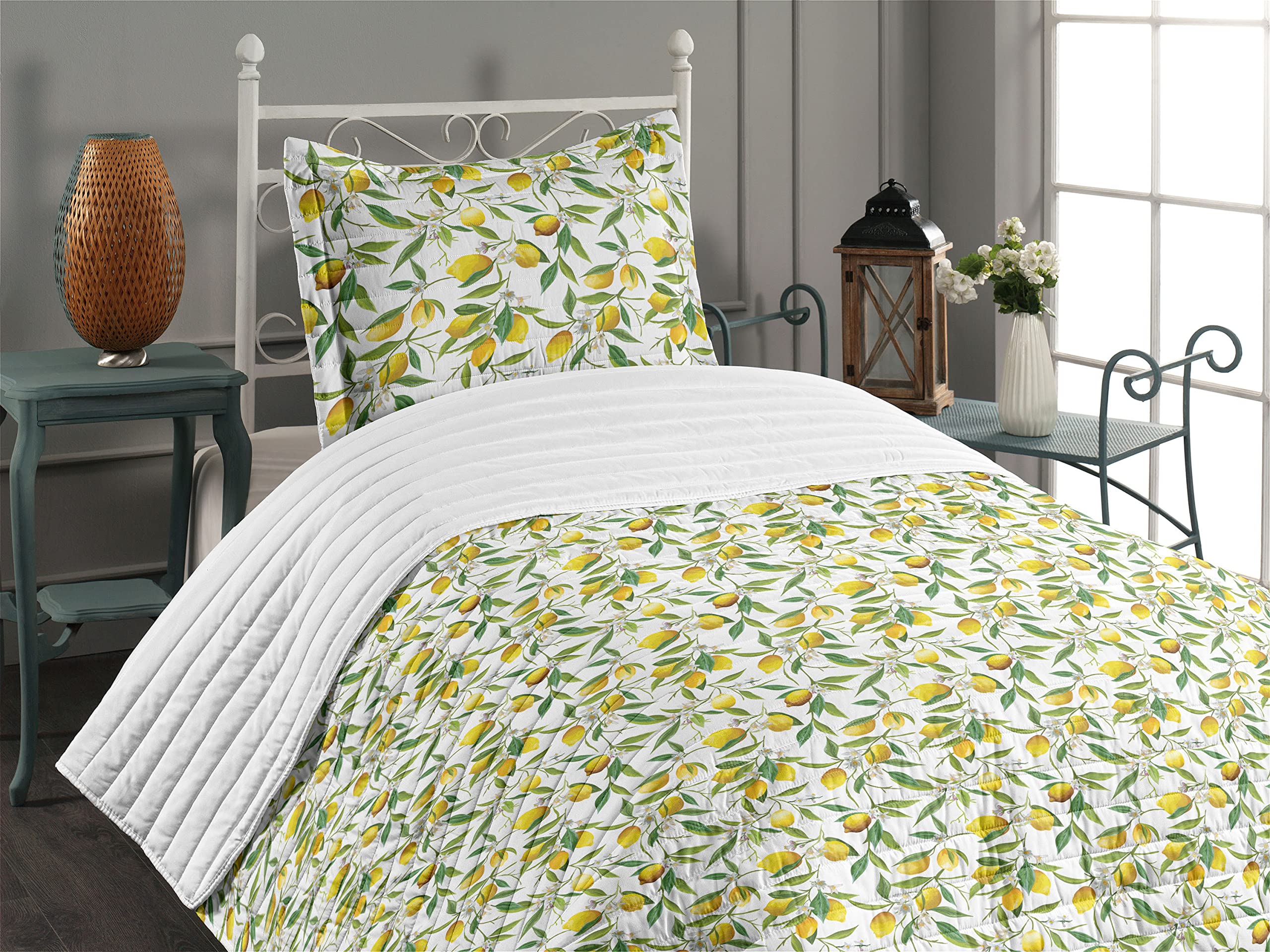 Ambesonne Nature Microfiber Bedspread Set - Flowering Lemon Plant Citrus Print Soft Bedding with Pillow Sham & Comforter, Twin Size, Fern Green Yellow White - Perfect for Bedroom Decor, Guest Room, Dorm Room & Cozy Home Makeover