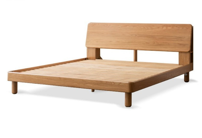 Solid Oak Wood Platform Bed with Bookshelf Headboard - Modern Bedroom Furniture for Small Spaces & Cozy Reading Nook
