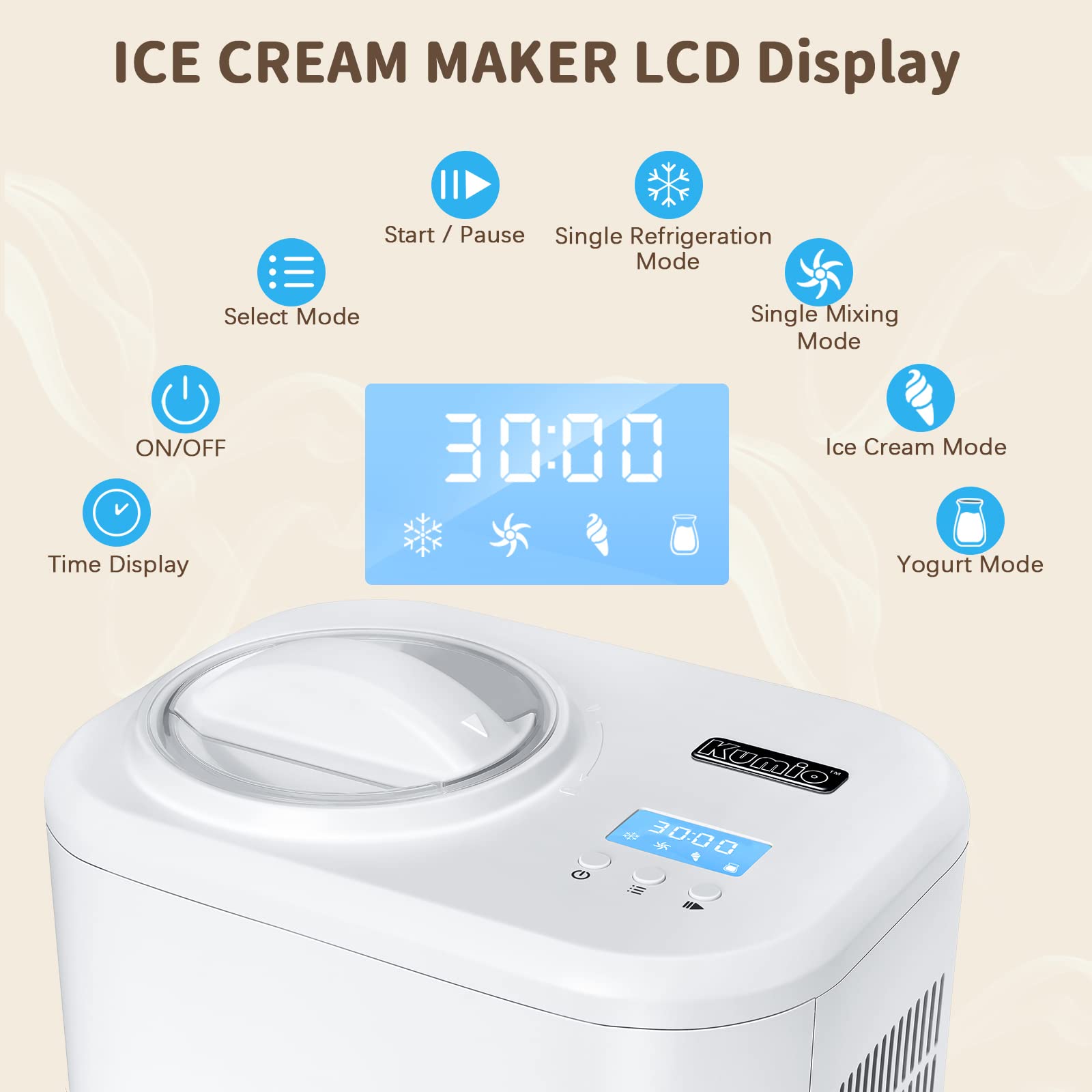 KUMIO 1.2-Quart Automatic Ice Cream Maker with Compressor - No Pre-Freezing Needed, 4 Modes for Frozen Yogurt, Sorbet & Gelato with LCD Display & Timer | Keep Cool Function | Perfect for Home Kitchen, Parties & Dessert Shops