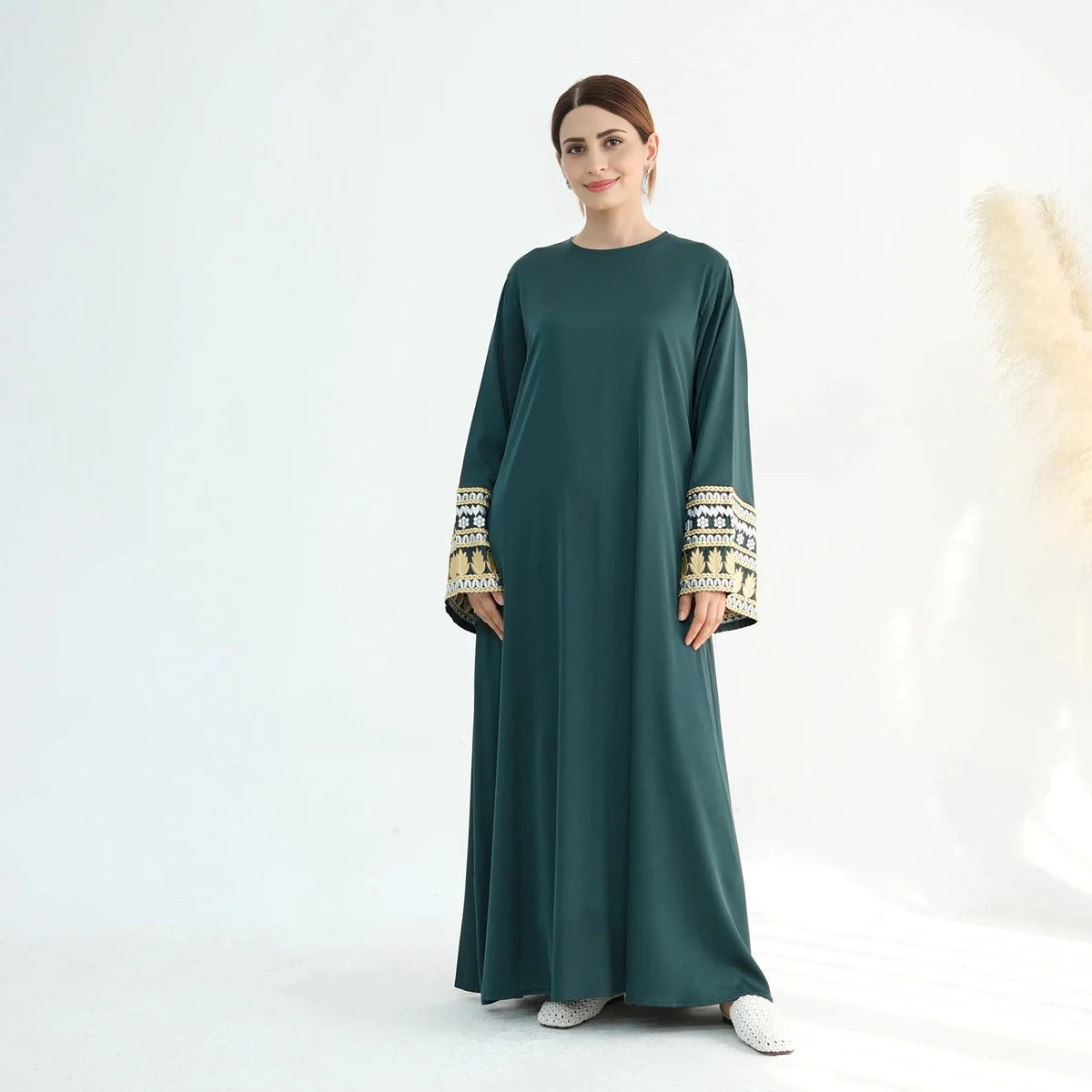 Elegant Satin Abaya Dress with Embroidery Cuff - Modest Islamic Clothing for Women | Perfect for Prayer, Eid, and Special Occasions