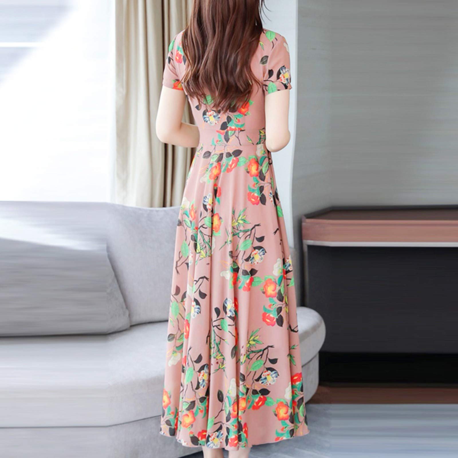 Women's Summer Beach Dress - Floral Print Short Sleeve Midi Dress for Cocktail Party, Vacation & Casual Wear (Pink, Size M) | Perfect for Beach Outings, Summer Travel & Date Nights