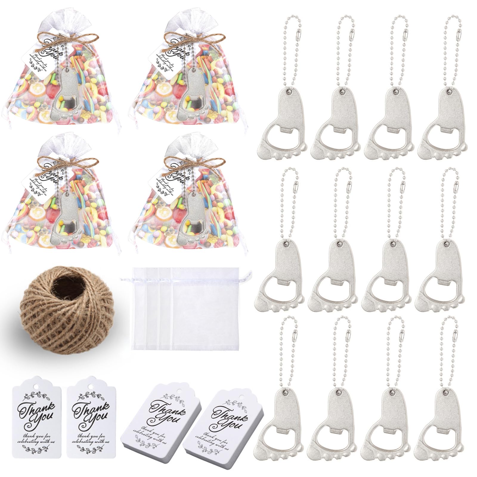 50 PCS Baby Footprint Keychain Bottle Openers - Silver Keepsake for Baby Showers, Baptism, Christening & Birthday Party Favors with Organza Gift Bag - Perfect for Newborn Gifts & Event Souvenirs