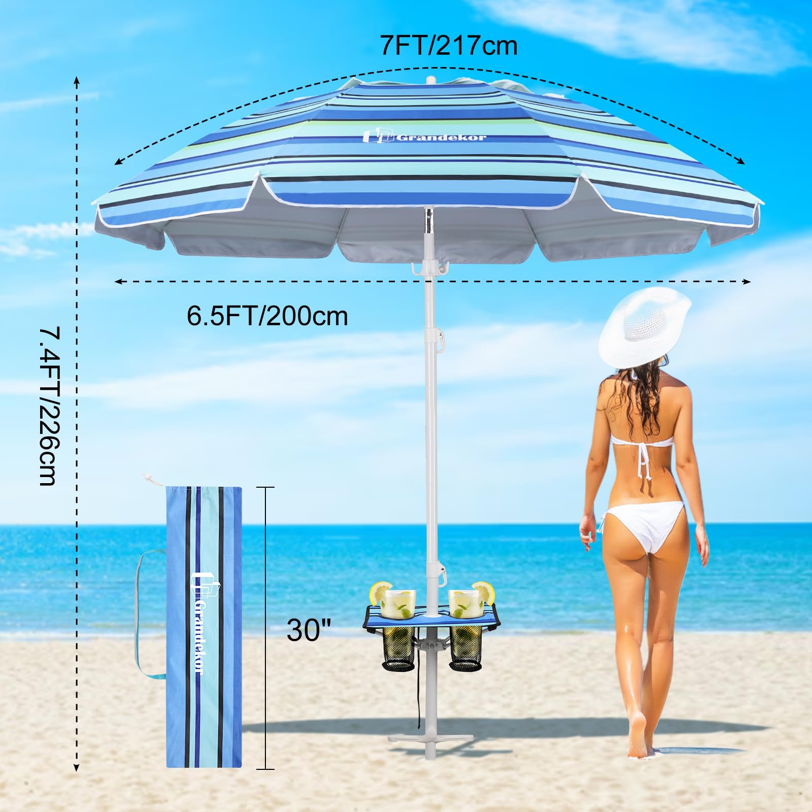 Grandekor 7FT Heavy Duty Windproof Beach Umbrella with Sand Anchor - Portable UV 50+ Sun Shade with Carry Bag & Side Table - Perfect for Beach, Pool, Backyard, and Outdoor Travel Adventures