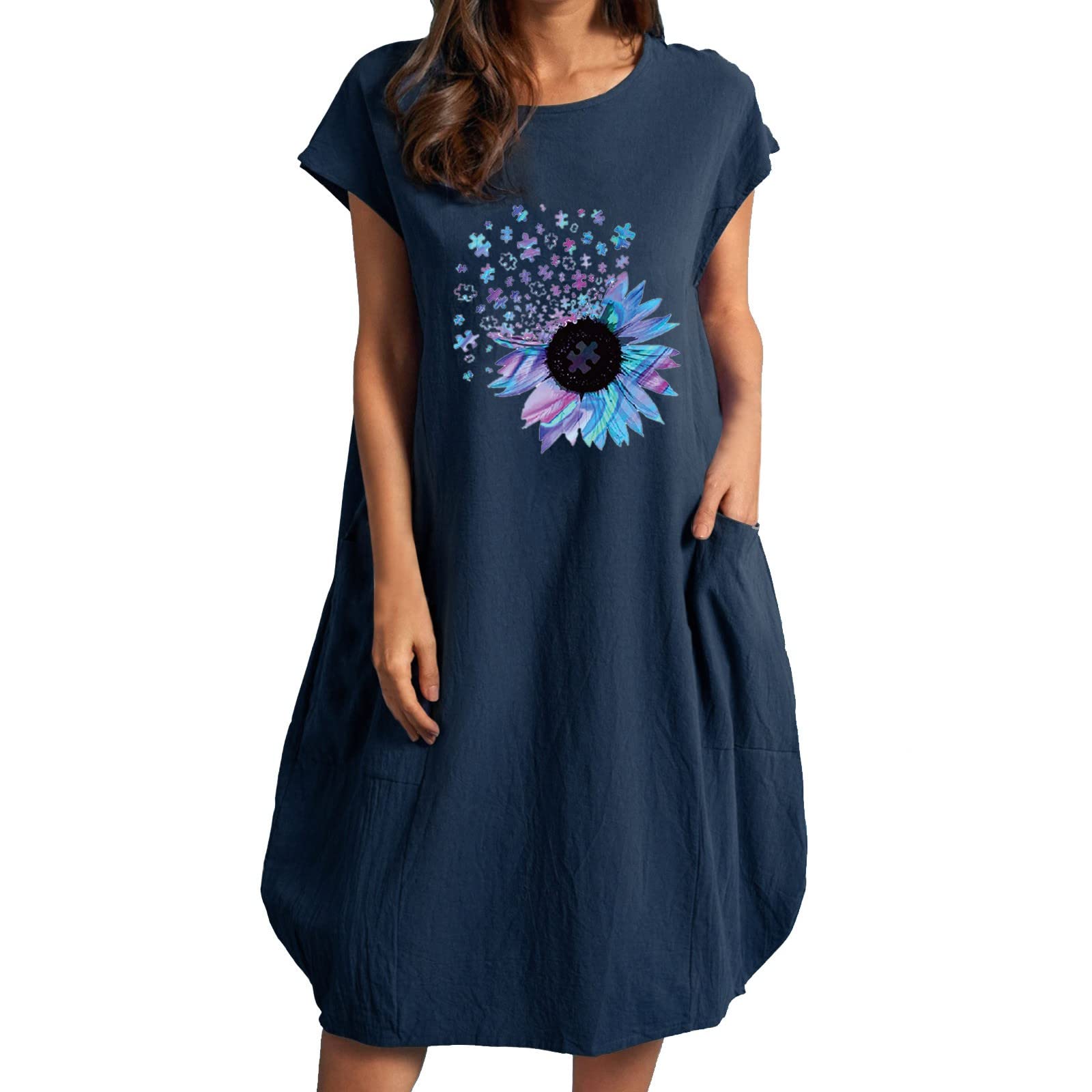 Women's Blue Sunflower Printed Maxi Dress with Short Sleeves - Flowy Boho Summer Dress for Beach, Vacation & Casual Wear | Love and Lemons Inspired Fashion