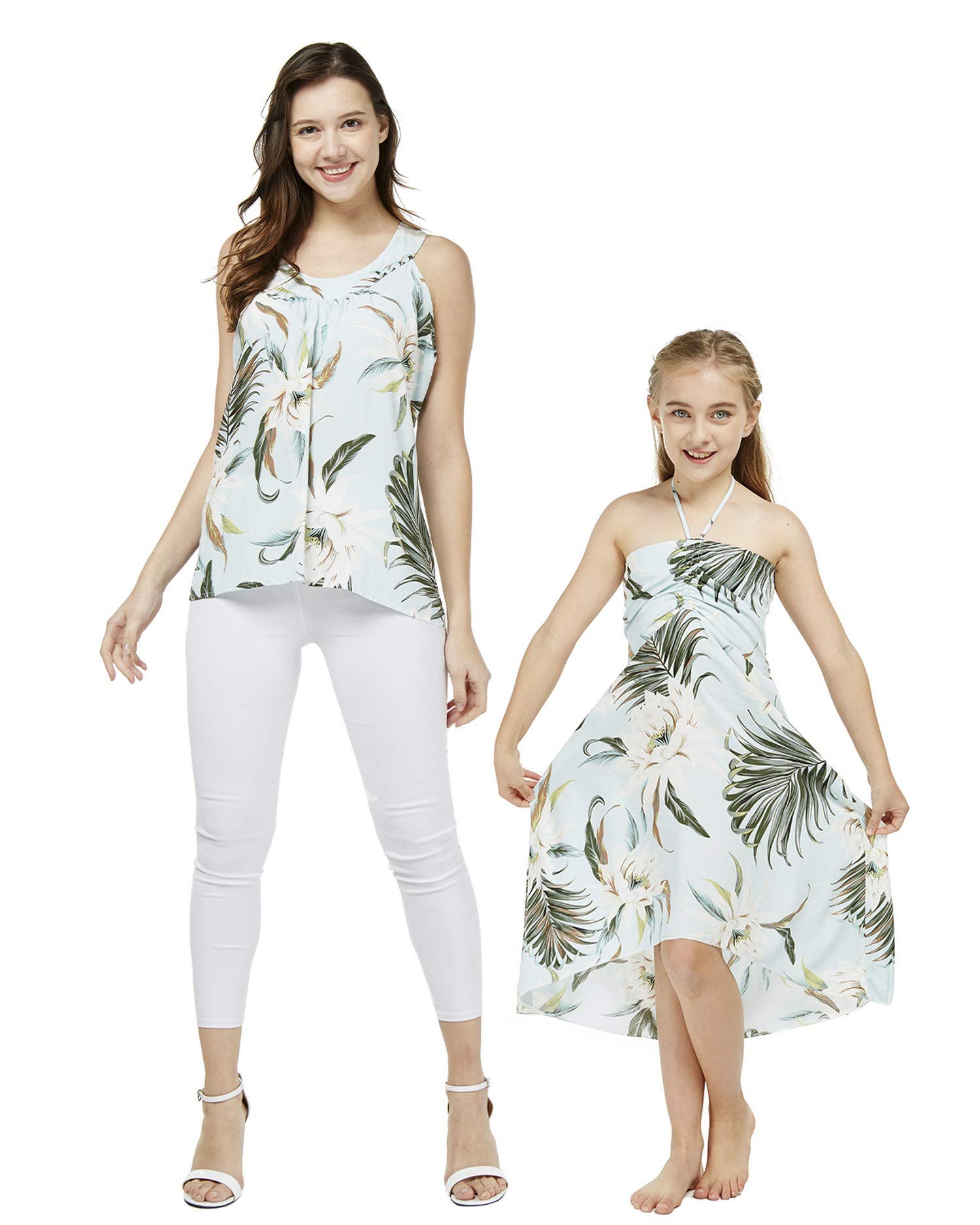 Hawaiian Luau Matching Mother Daughter Outfits - Floral Halter Tank Top Dress in Black | Perfect for Beach Vacations, Family Photos & Summer Parties