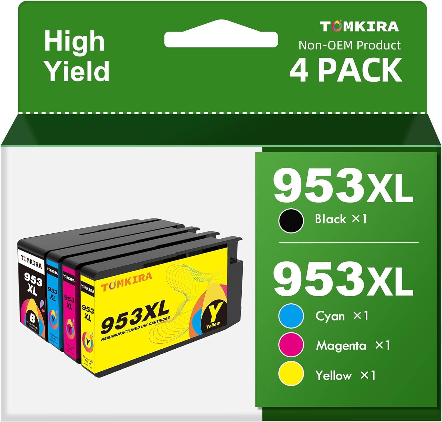 TOMKIRA 953XL Ink Cartridges Replacement for HP Officejet Pro 7740 7720 8710 7730 8715 8725 8720 8210 Printers - Multipack (1 Black, 1 Cyan, 1 Magenta, 1 Yellow) - High Yield Remanufactured Ink for Home & Office Printing